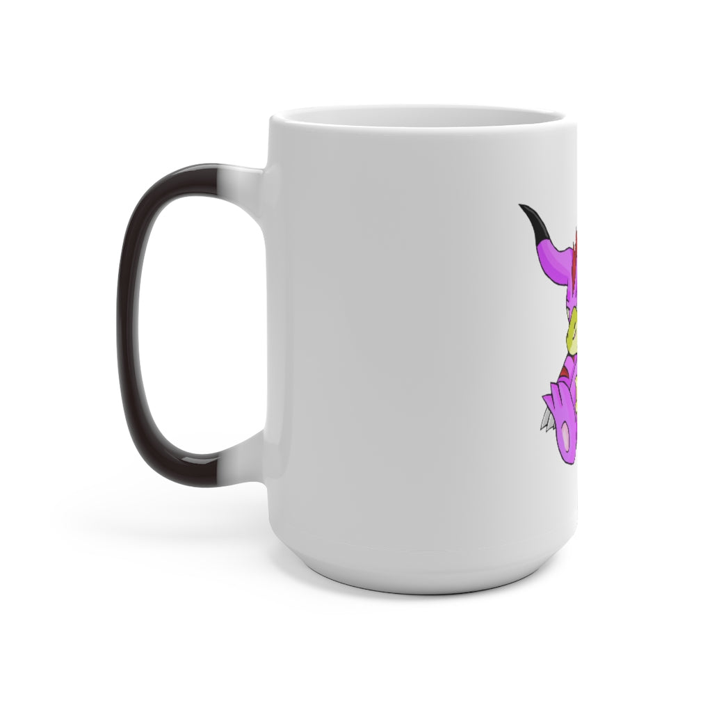 Beboxu Color Changing Mug displaying vibrant colors when filled with hot liquid, featuring a white ceramic design and a comfortable C-handle.