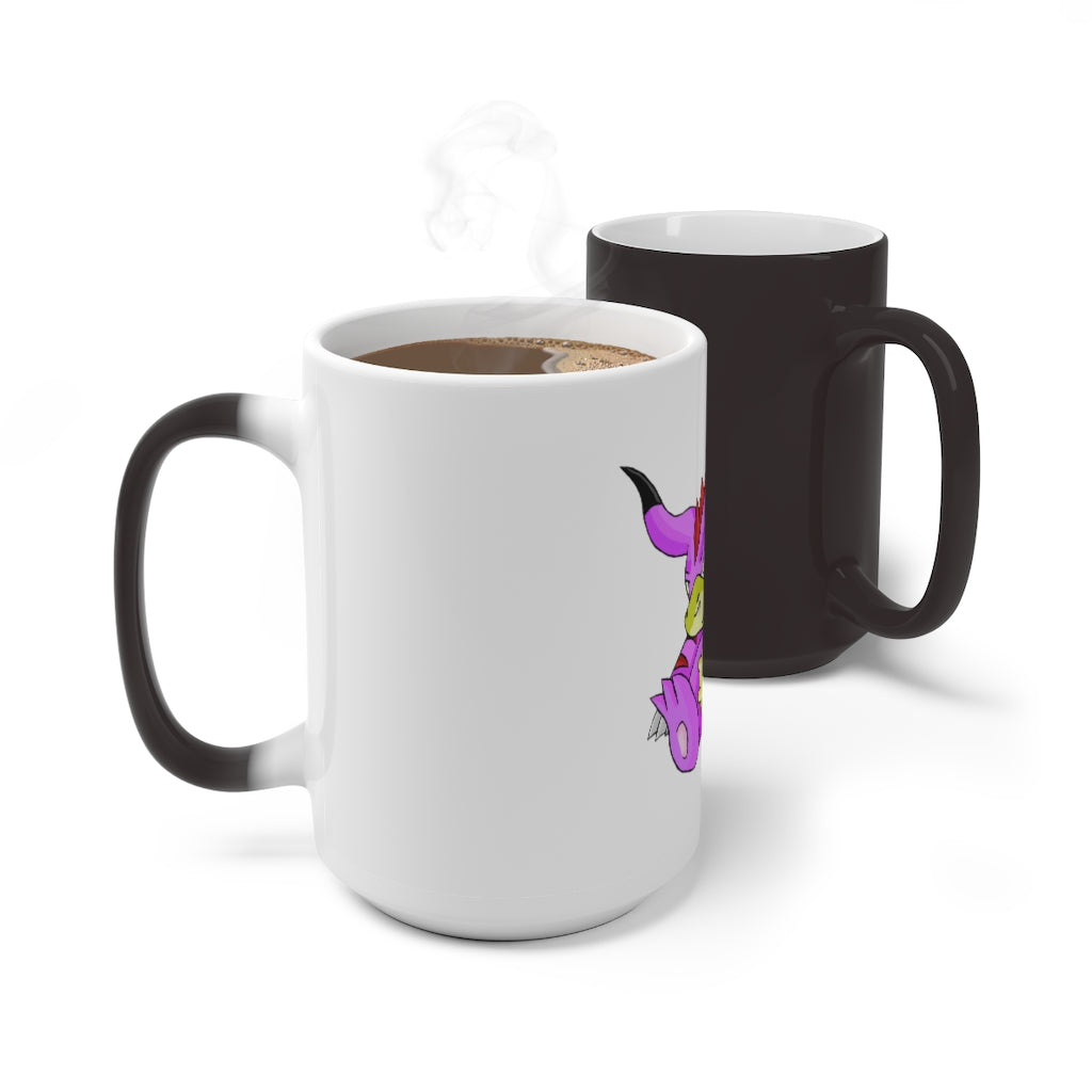 Beboxu Color Changing Mug displaying vibrant colors when filled with hot liquid, featuring a white ceramic design and a comfortable C-handle.