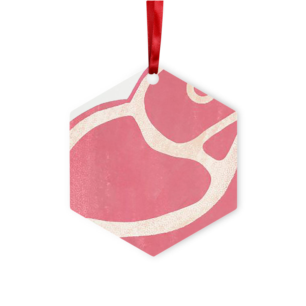 Beef Metal Hanging Ornament in hexagon and star shapes, featuring a gloss white finish and red ribbon for hanging.