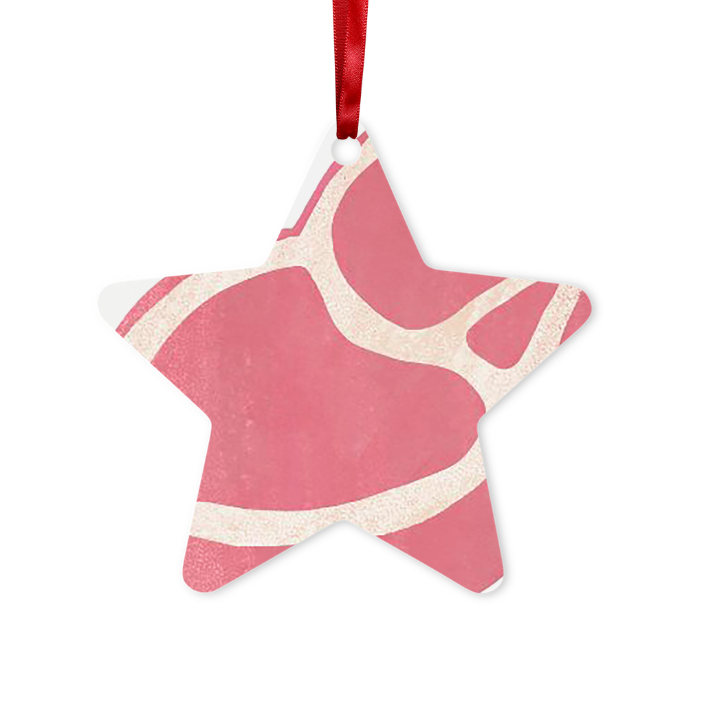 Beef Metal Hanging Ornament in hexagon and star shapes, featuring a gloss white finish and red ribbon for hanging.