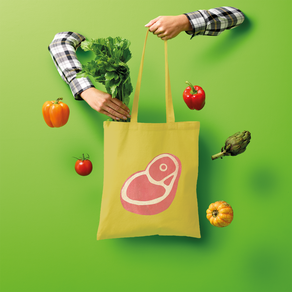 Beef Shopper Tote Bag made of 100% cotton, featuring a spacious design and comfortable shoulder straps, perfect for eco-friendly shopping.