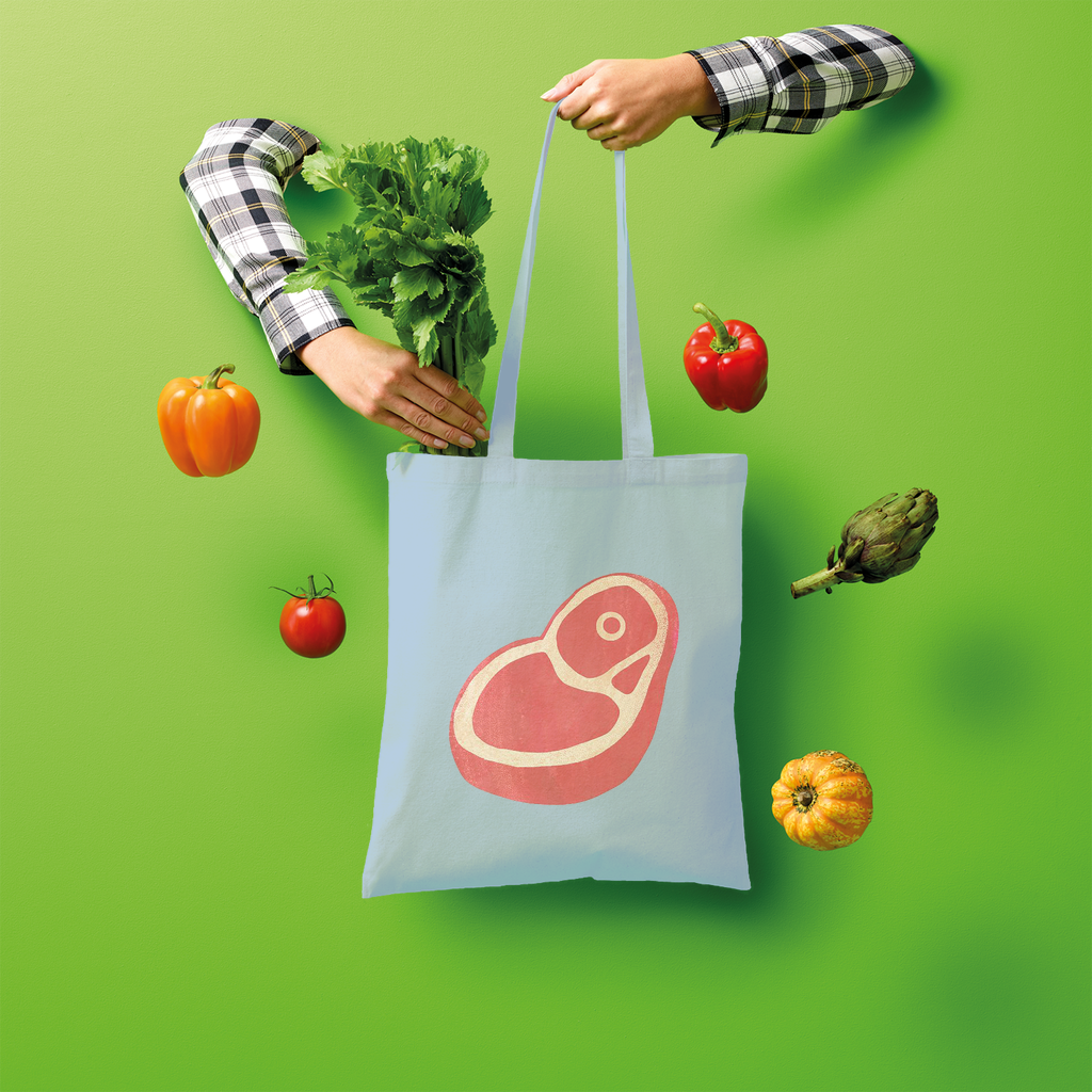 Beef Shopper Tote Bag made of 100% cotton, featuring a spacious design and comfortable shoulder straps, perfect for eco-friendly shopping.