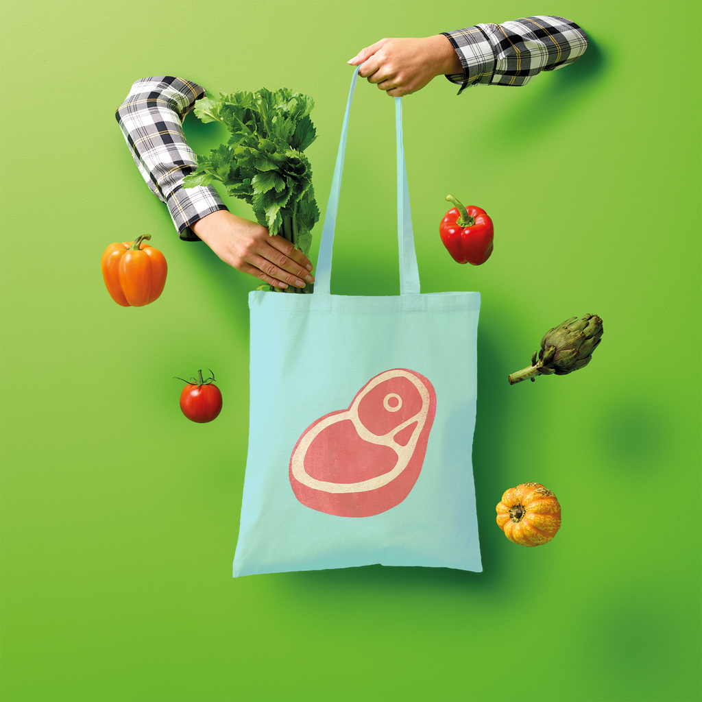 Beef Shopper Tote Bag made of 100% cotton, featuring a spacious design and comfortable shoulder straps, perfect for eco-friendly shopping.