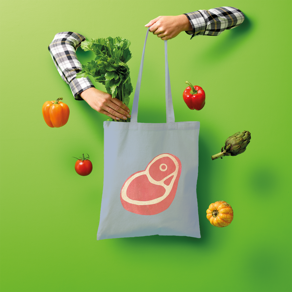 Beef Shopper Tote Bag made of 100% cotton, featuring a spacious design and comfortable shoulder straps, perfect for eco-friendly shopping.