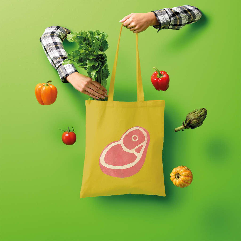 Beef Shopper Tote Bag made of 100% cotton, featuring a spacious design and comfortable shoulder straps, perfect for eco-friendly shopping.