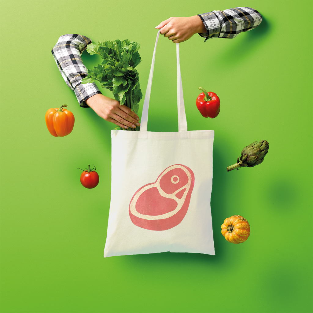 Beef Shopper Tote Bag made of 100% cotton, featuring a spacious design and comfortable shoulder straps, perfect for eco-friendly shopping.