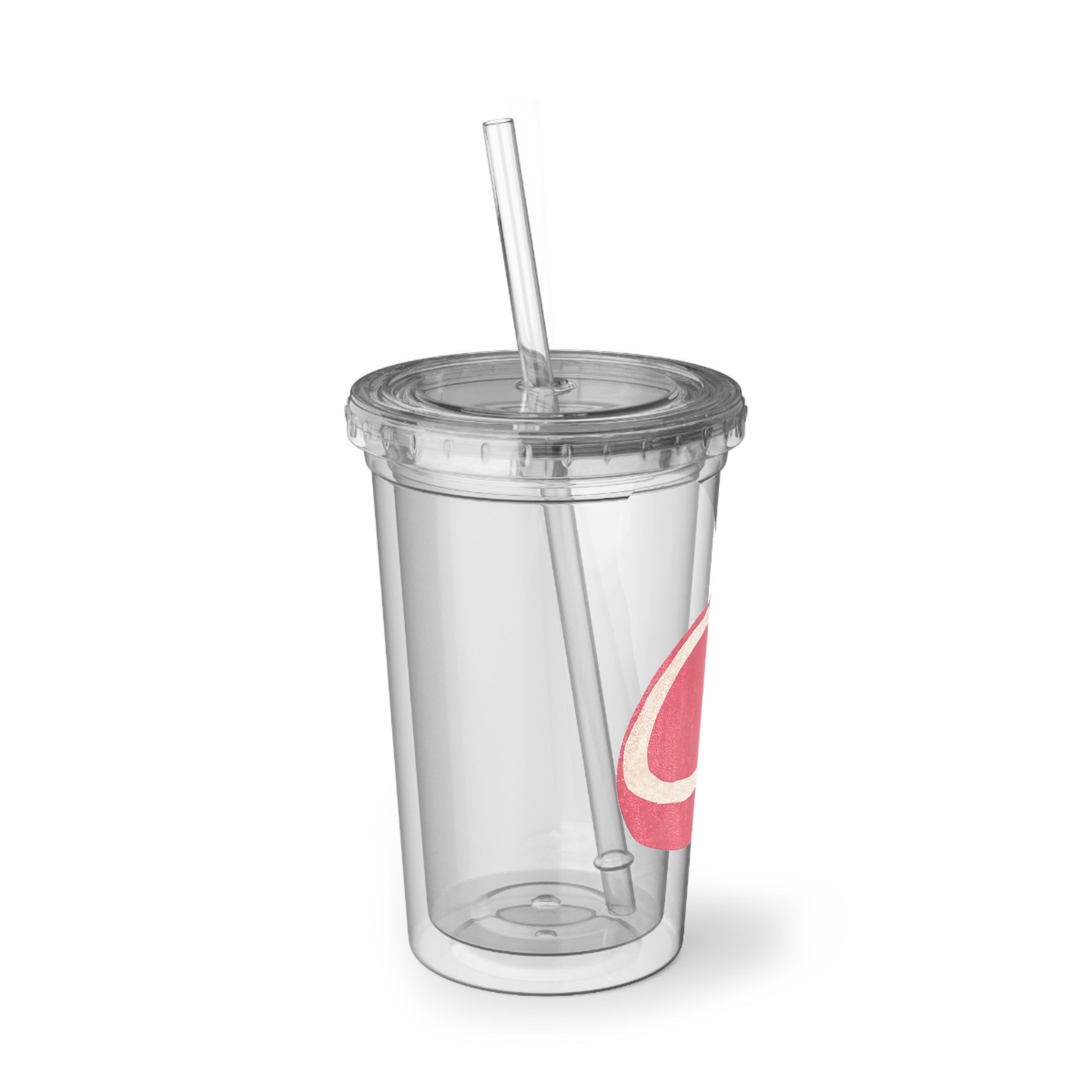 Beef Suave Acrylic Cup with double-wall insulation, featuring vibrant customizable artwork and a plastic lid with a straw.