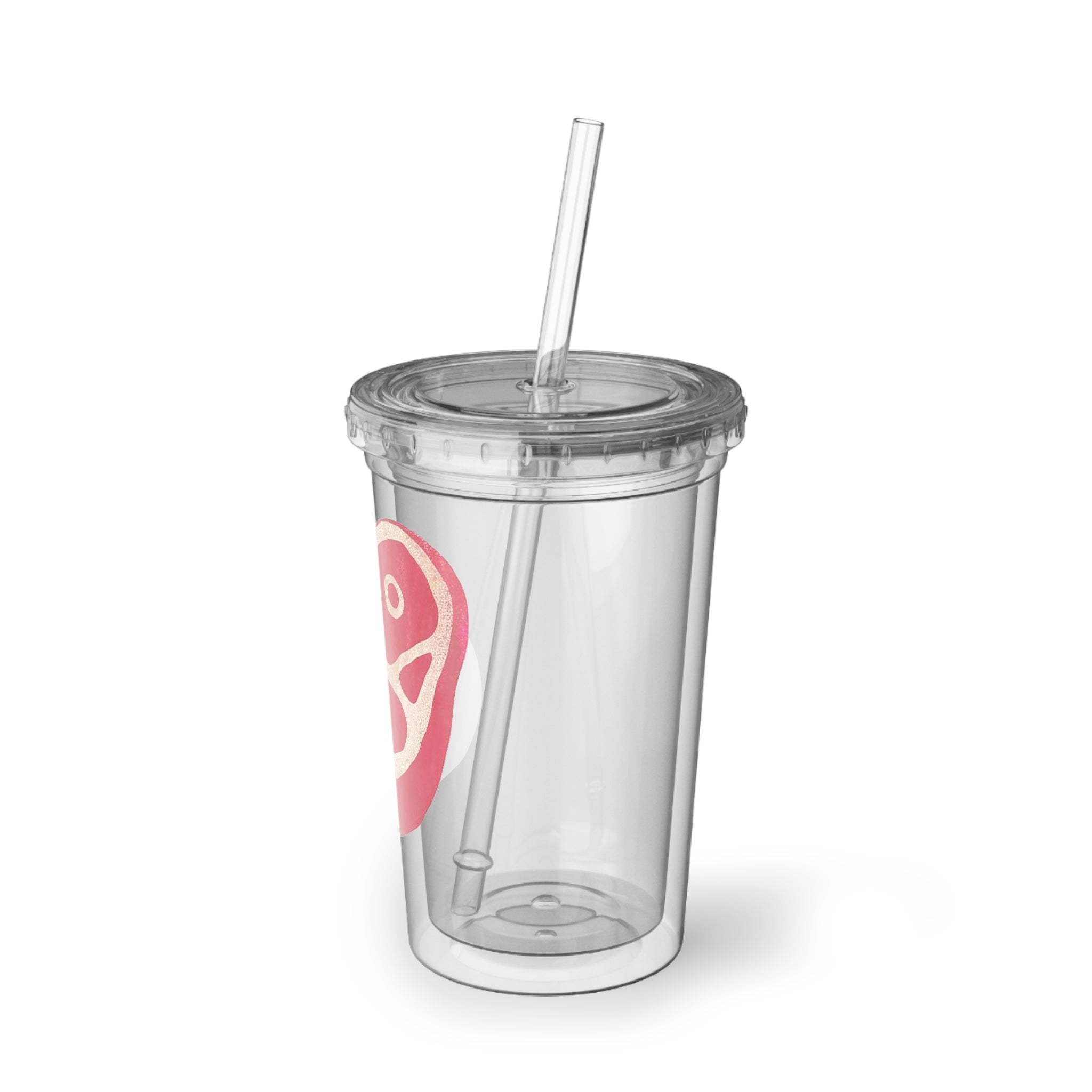 Beef Suave Acrylic Cup with double-wall insulation, featuring vibrant customizable artwork and a plastic lid with a straw.