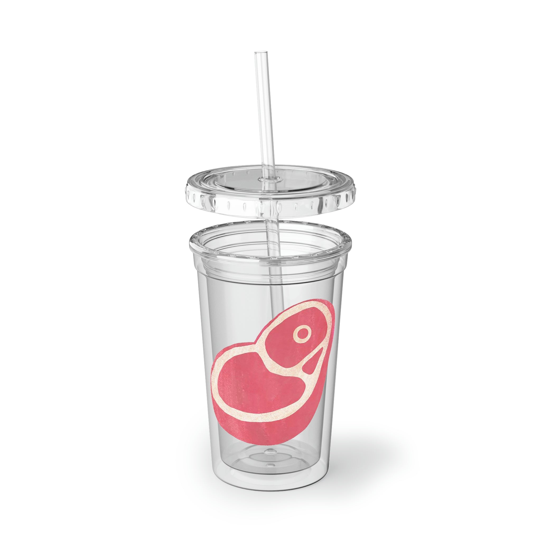 Beef Suave Acrylic Cup with double-wall insulation, featuring vibrant customizable artwork and a plastic lid with a straw.