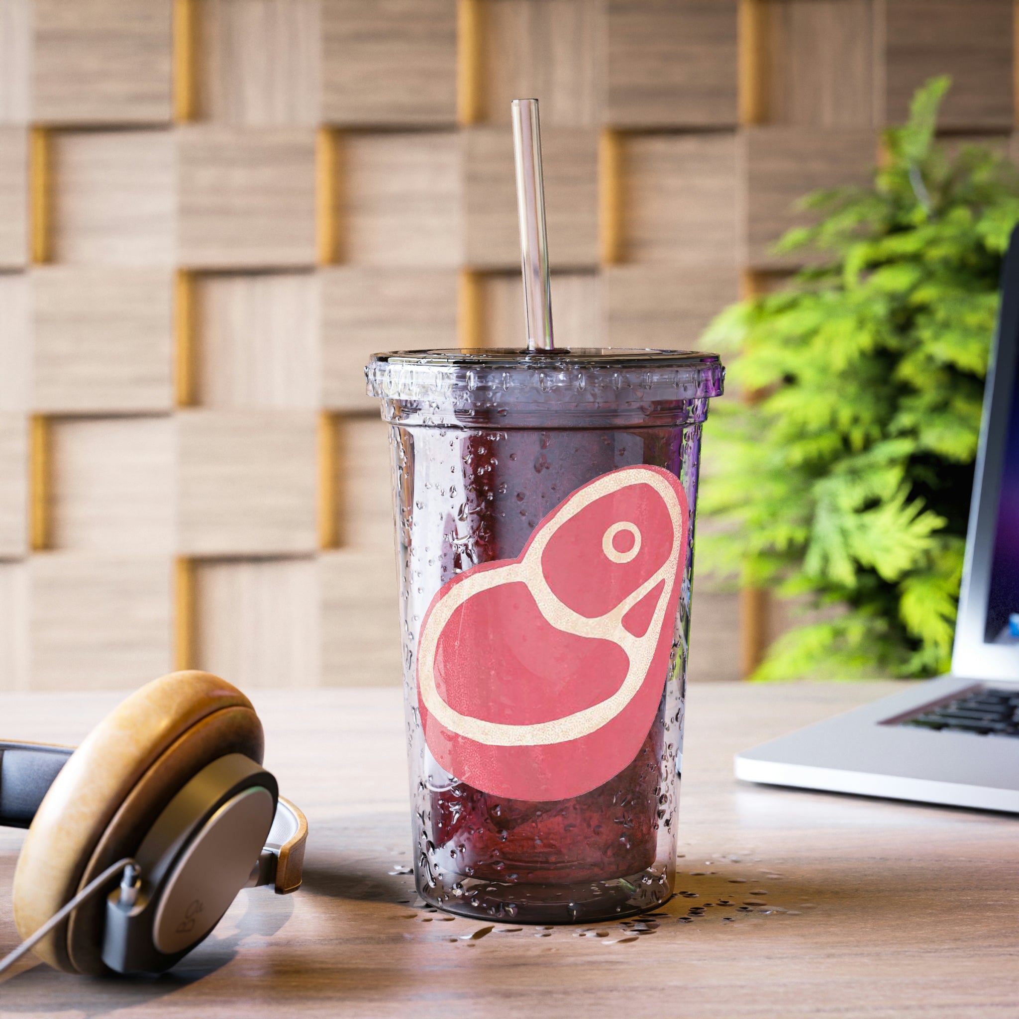 Beef Suave Acrylic Cup with double-wall insulation, featuring vibrant customizable artwork and a plastic lid with a straw.