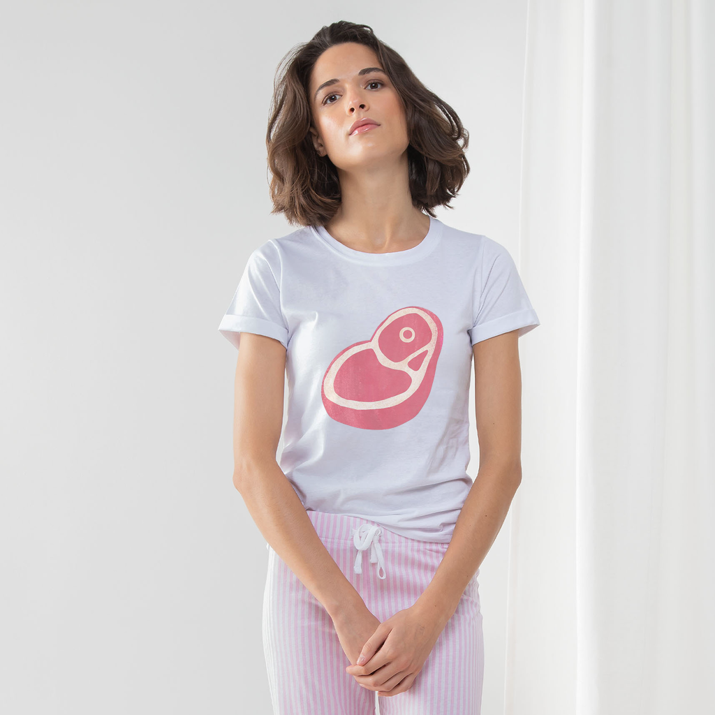 Beef Women's Long Pant Pyjama Set featuring a white t-shirt with turn-up cuffs and striped pants in heather grey or light pink, along with a matching drawcord bag.