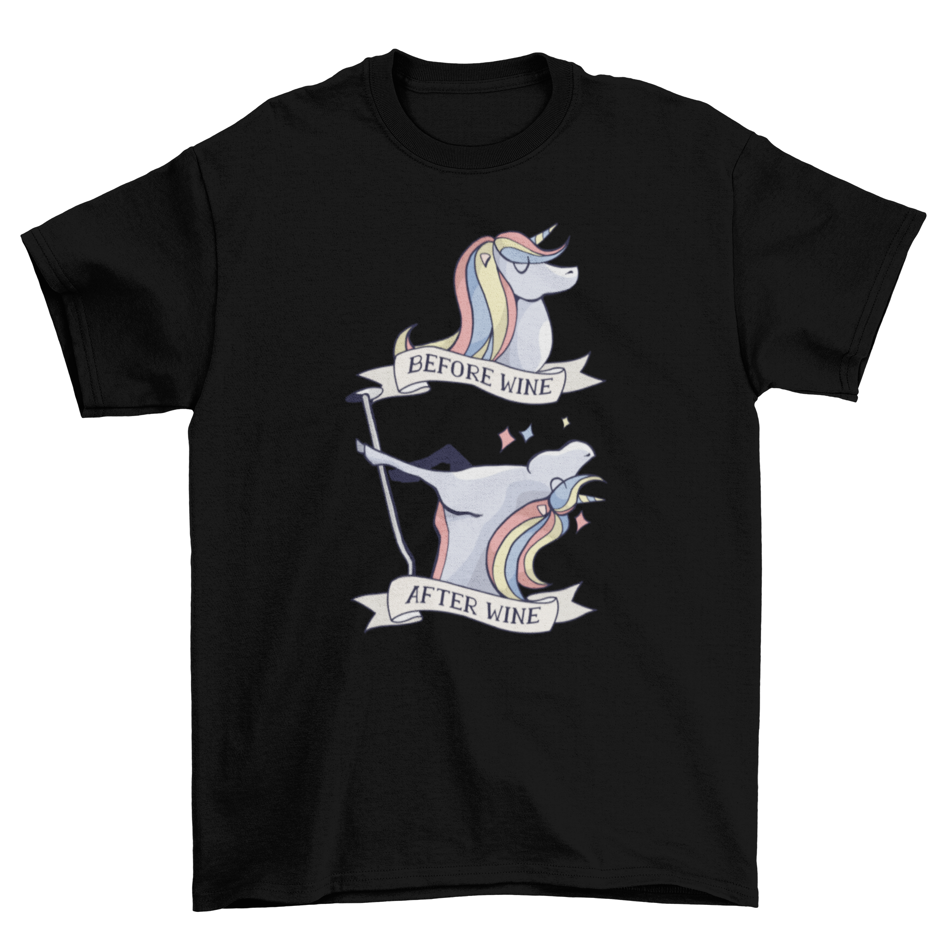 Before and After Wine T-Shirt Design featuring a rainbow unicorn before and after drinking wine, showcasing calmness and playful pole dancing.