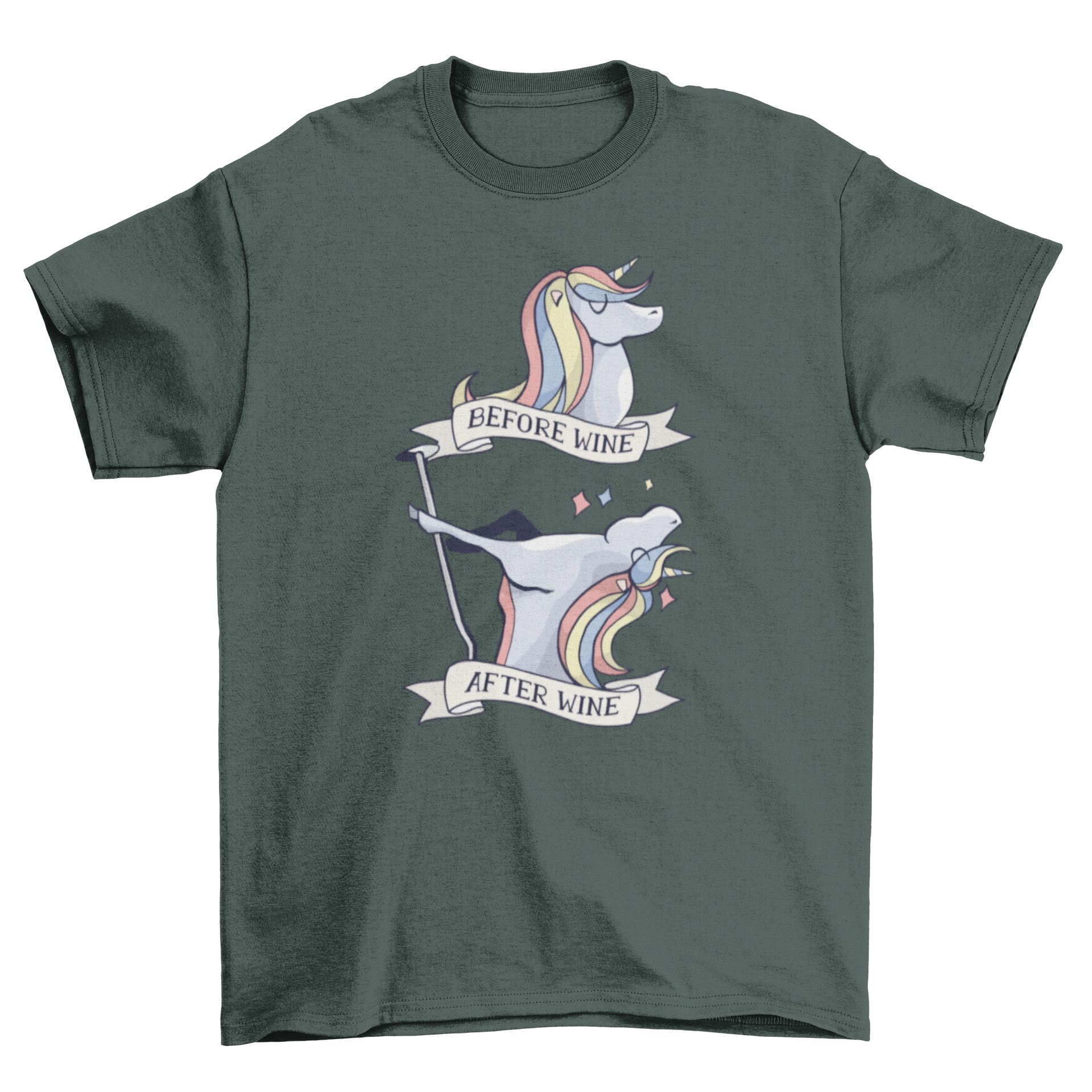 Before and After Wine T-Shirt Design featuring a rainbow unicorn before and after drinking wine, showcasing calmness and playful pole dancing.