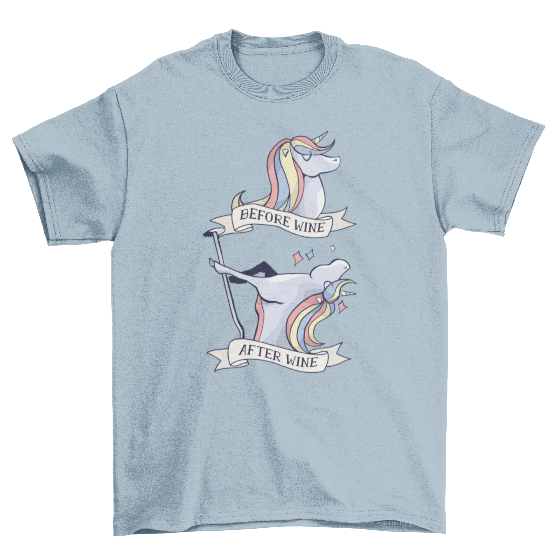 Before and After Wine T-Shirt Design featuring a rainbow unicorn before and after drinking wine, showcasing calmness and playful pole dancing.