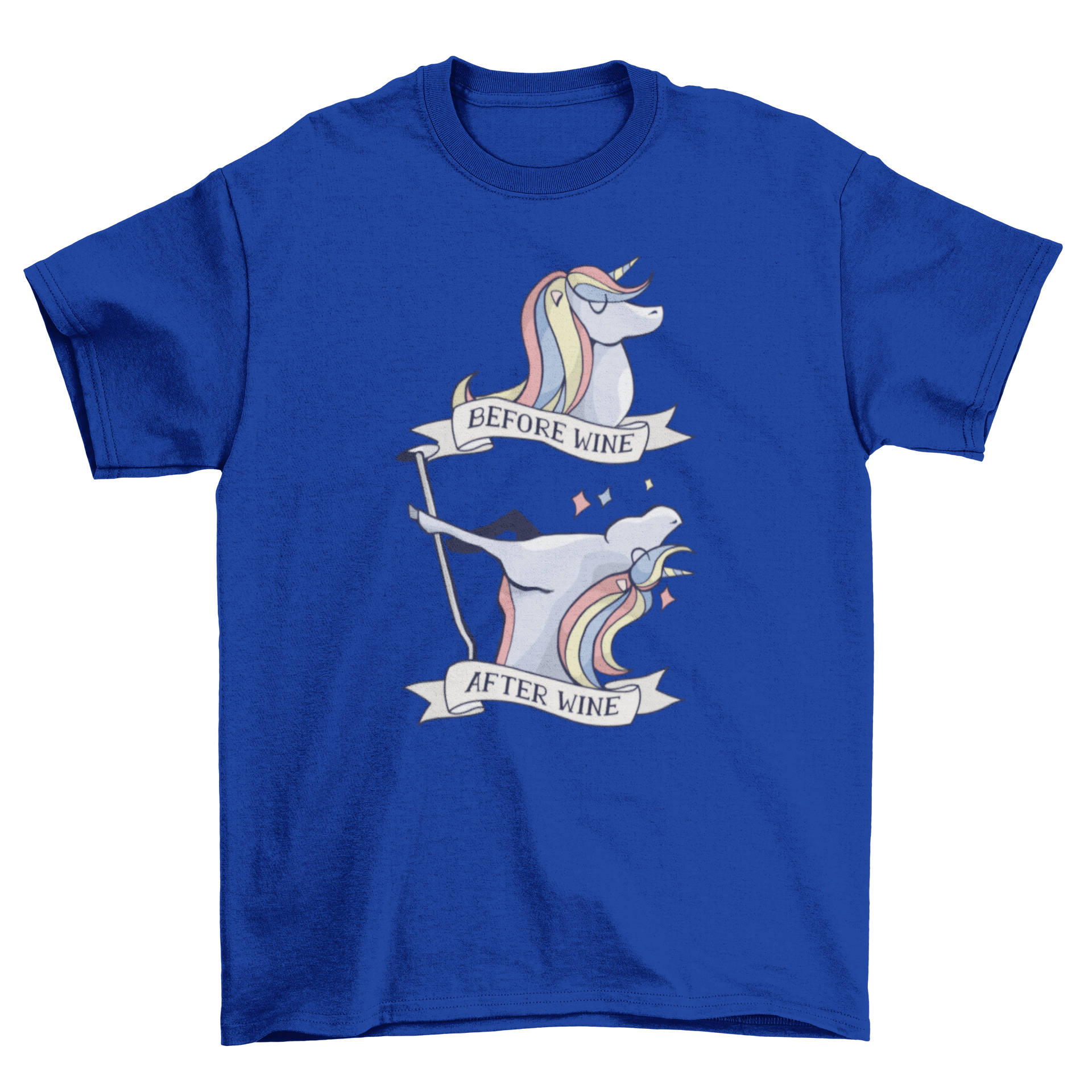 Before and After Wine T-Shirt Design featuring a rainbow unicorn before and after drinking wine, showcasing calmness and playful pole dancing.