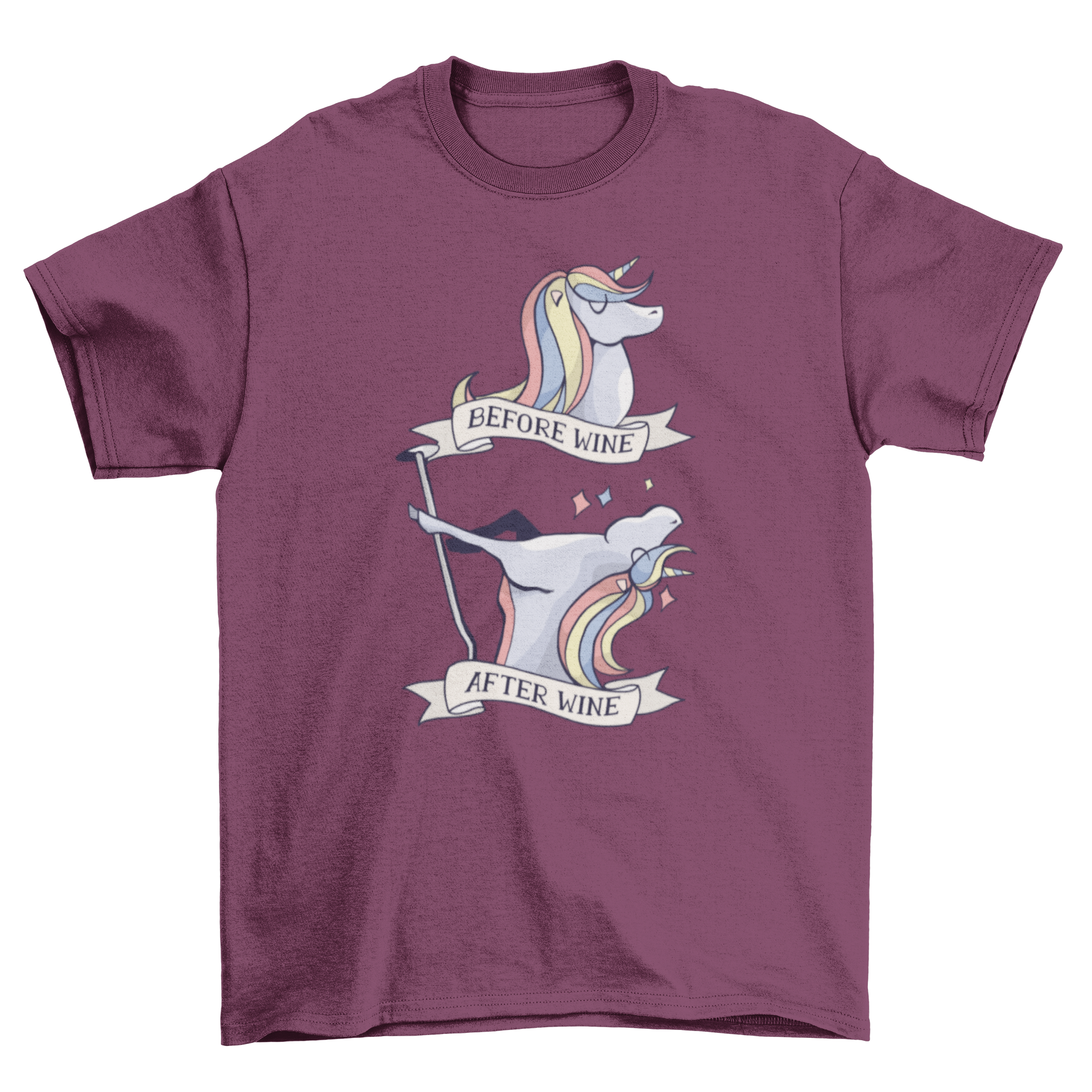 Before and After Wine T-Shirt Design featuring a rainbow unicorn before and after drinking wine, showcasing calmness and playful pole dancing.