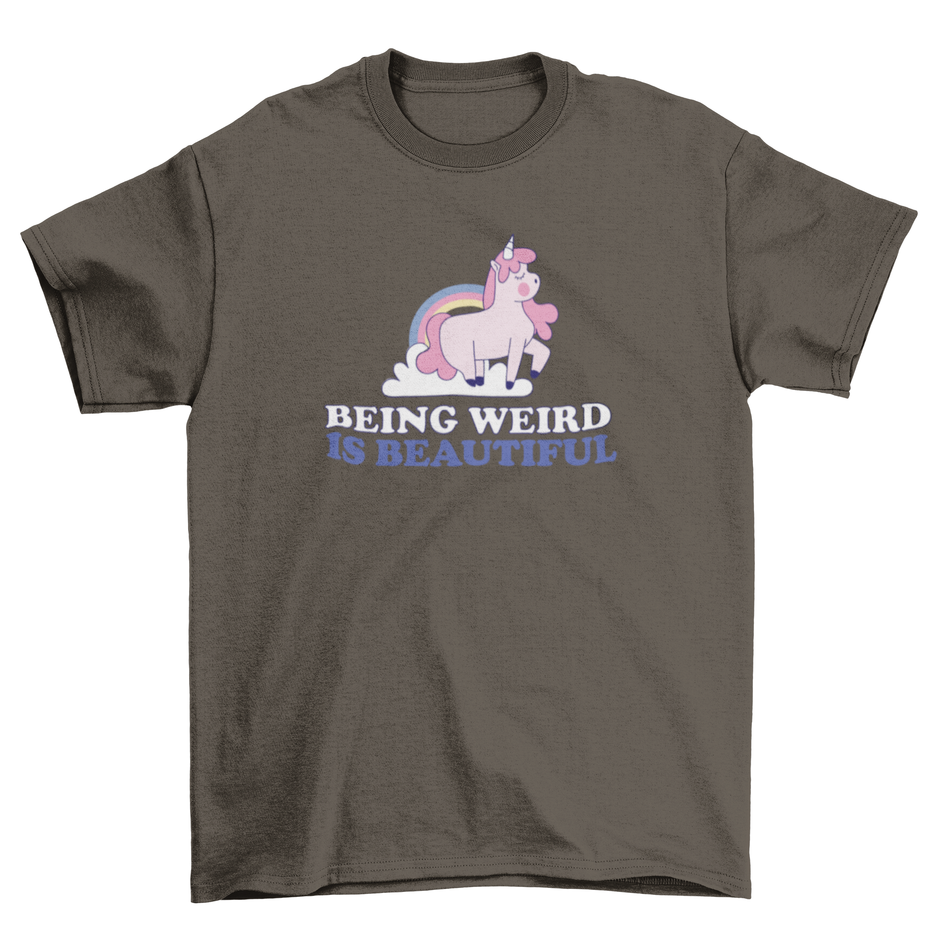 A cute t-shirt featuring a whimsical unicorn illustration with the quote 'Being weird is beautiful' in vibrant colors.