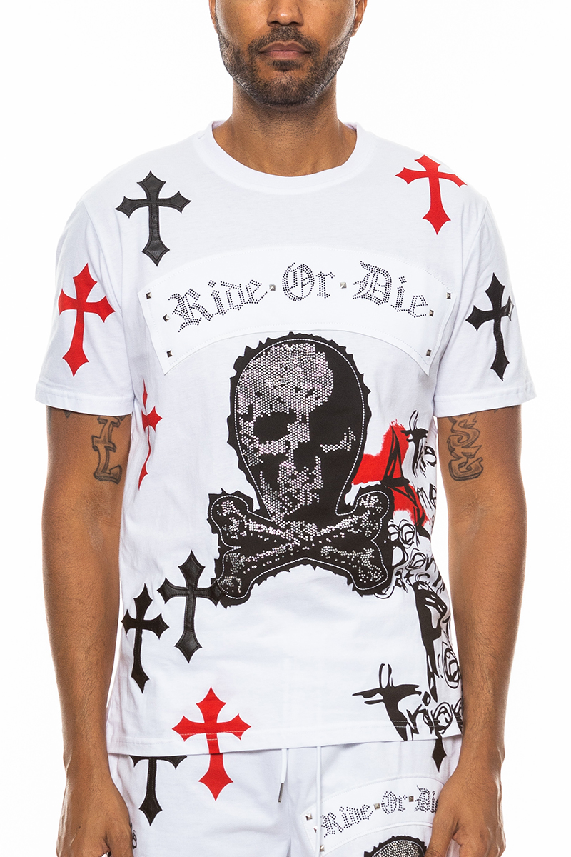 Bejewelled Chrome Skull T-Shirt featuring a unique skull design with cross patches and stylish text on a round neck cotton fabric.