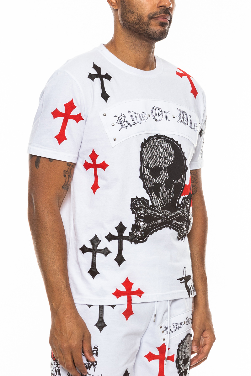 Bejewelled Chrome Skull T-Shirt featuring a unique skull design with cross patches and stylish text on a round neck cotton fabric.