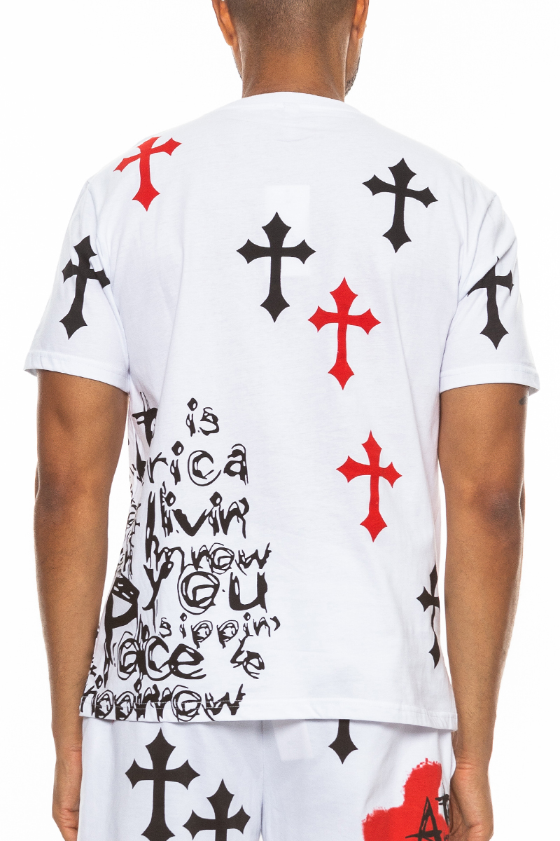 Bejewelled Chrome Skull T-Shirt featuring a unique skull design with cross patches and stylish text on a round neck cotton fabric.