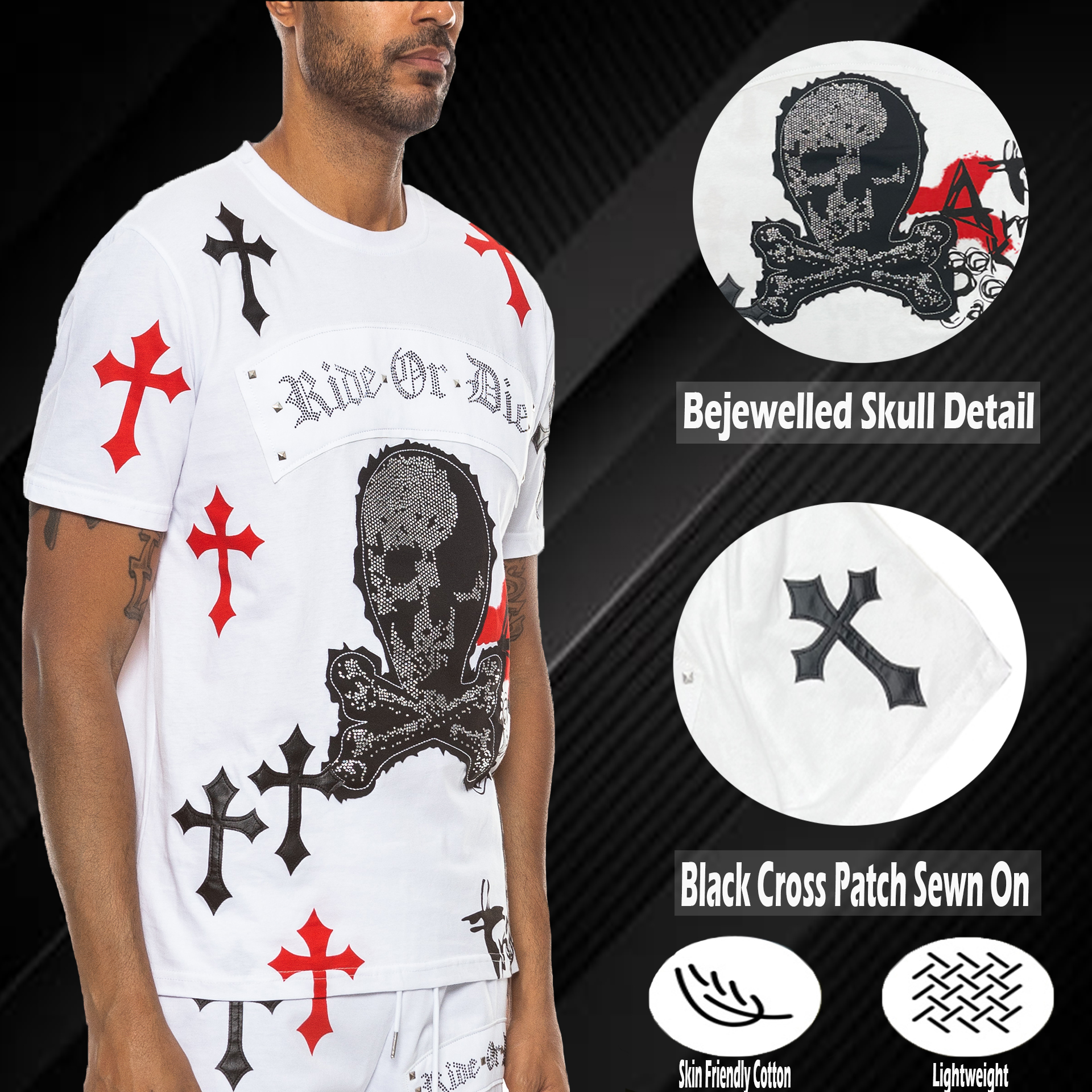 Bejewelled Chrome Skull T-Shirt featuring a unique skull design with cross patches and stylish text on a round neck cotton fabric.