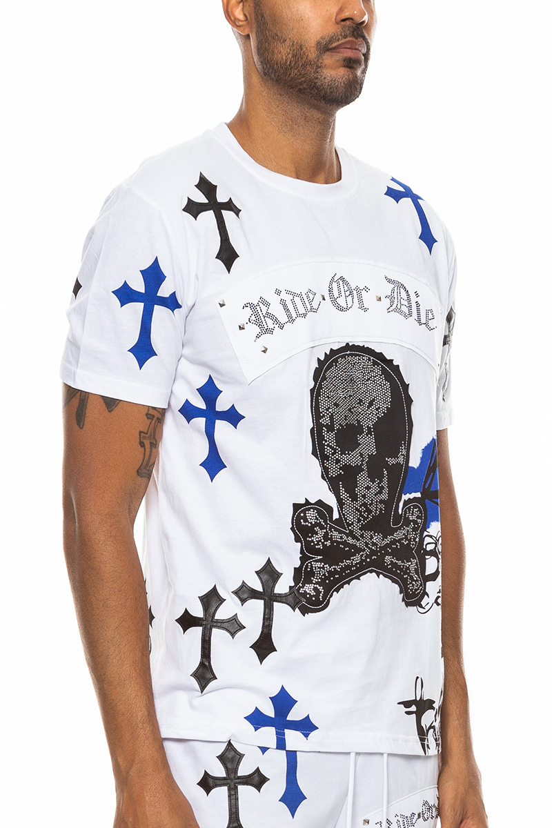 Bejewelled Chrome Skull T-Shirt featuring a striking skull design with embellishments, round neck, and straight hem, made from 100% cotton.