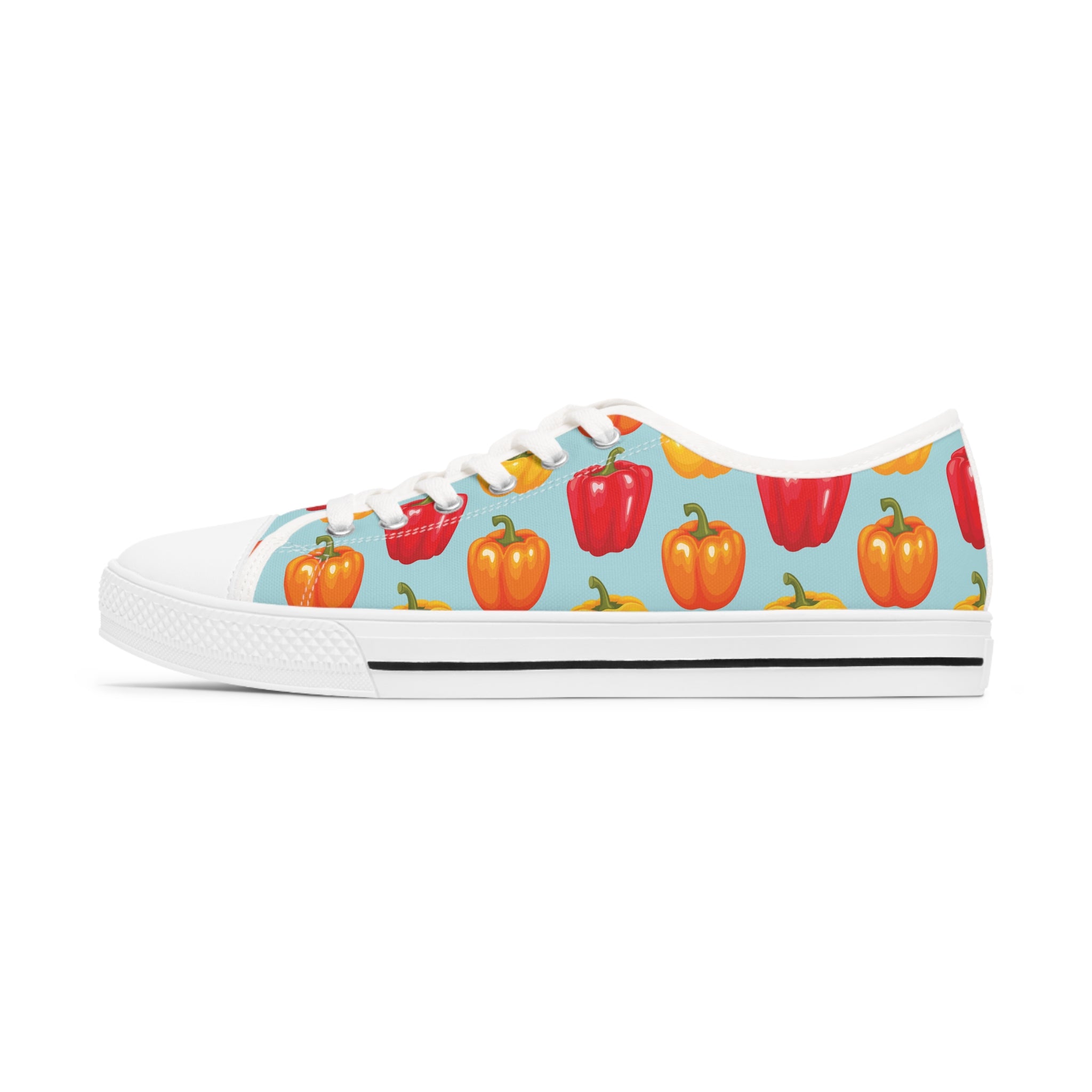 Bell Pepper Women's Low Top Sneakers in black and white with silver metal eyelets, showcasing breathable canvas and customizable design.