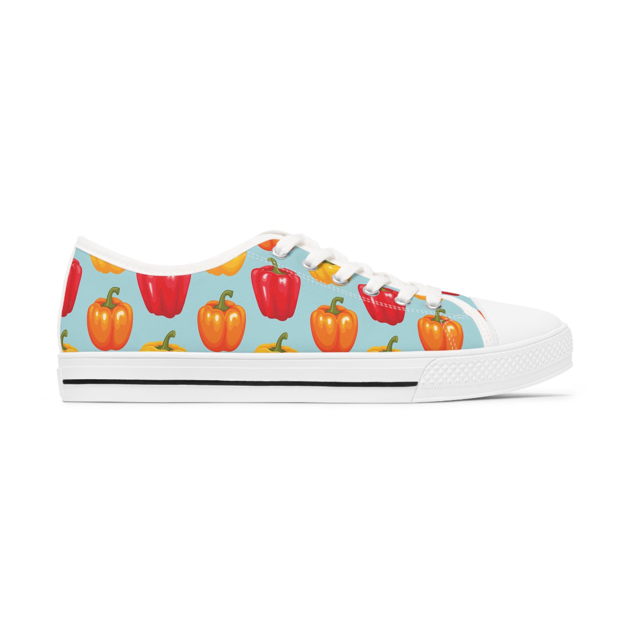 Bell Pepper Women's Low Top Sneakers in black and white with silver metal eyelets, showcasing breathable canvas and customizable design.