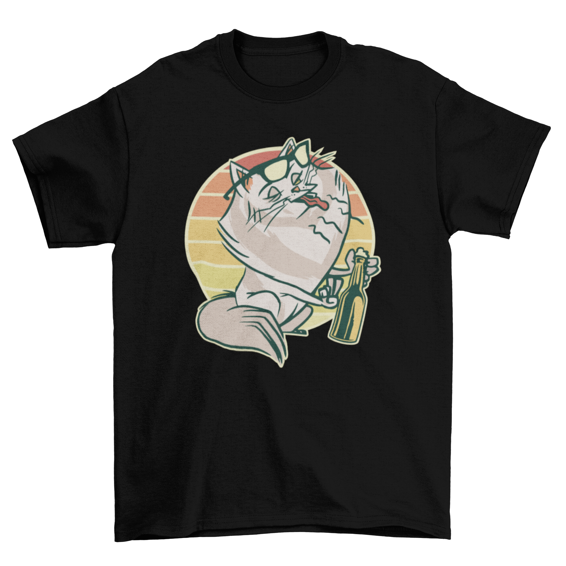 Belching cat t-shirt featuring a cat with sunglasses drinking beer against a retro background.