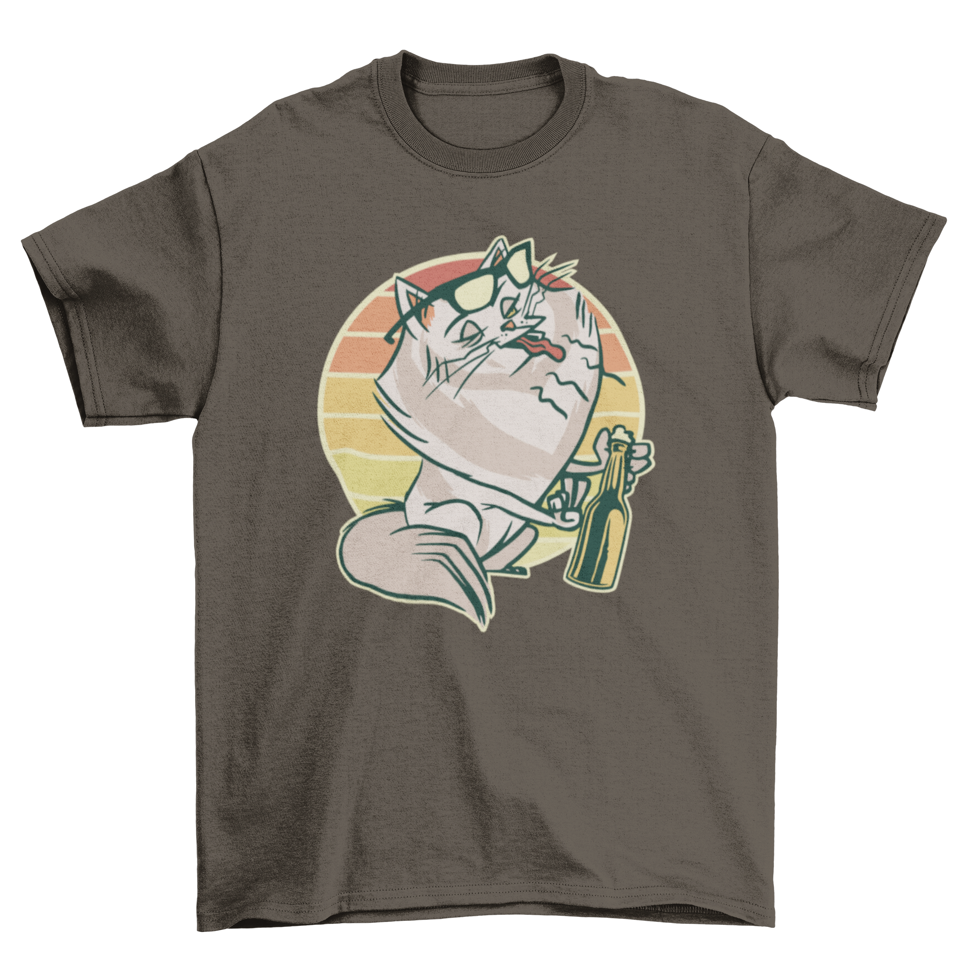 Belching cat t-shirt featuring a cat with sunglasses drinking beer against a retro background.