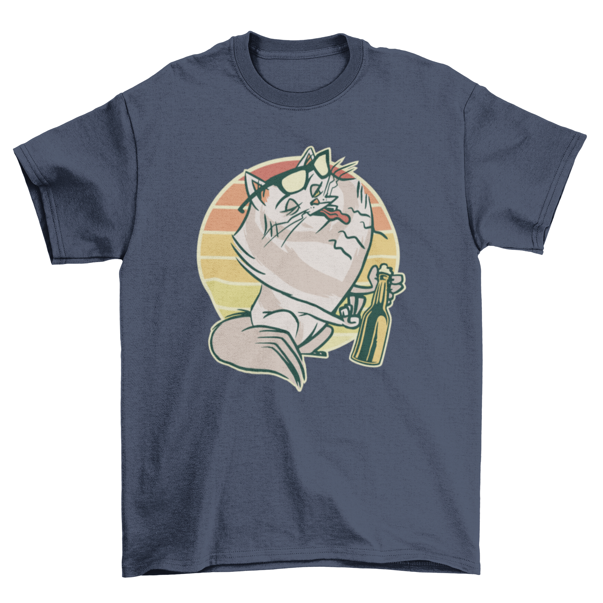 Belching cat t-shirt featuring a cat with sunglasses drinking beer against a retro background.