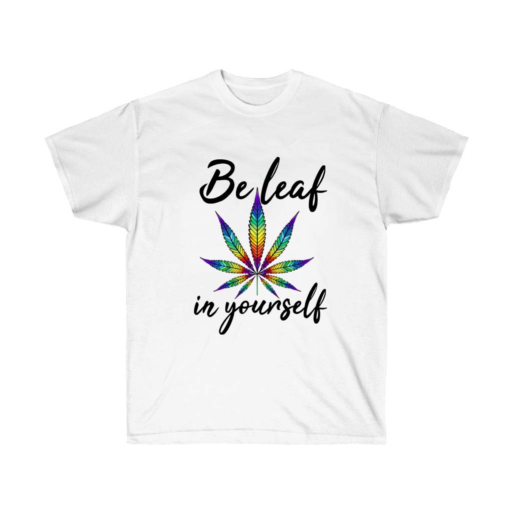 Beleaf in Yourself T-Shirt made from 100% soft cotton, featuring a unisex retail fit and a positive message, designed and printed in the USA.