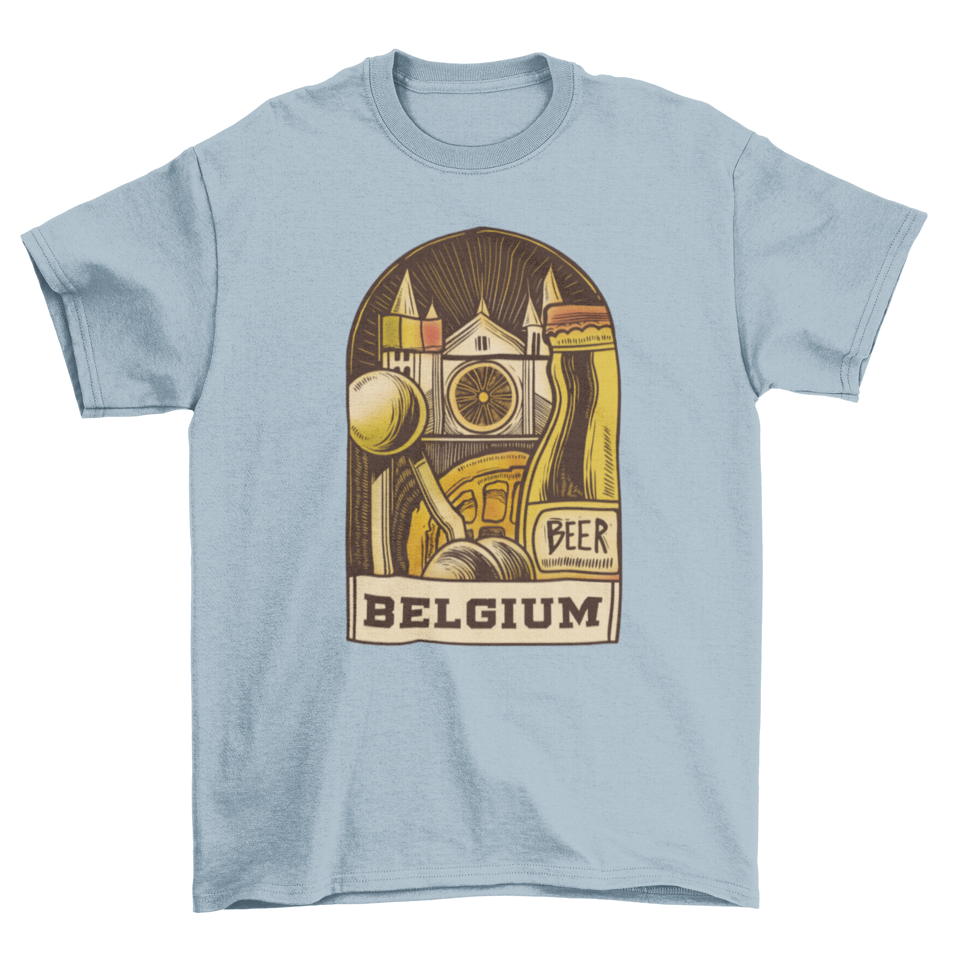 A stylish Belgium illustration t-shirt featuring iconic Belgian elements in vibrant colors.