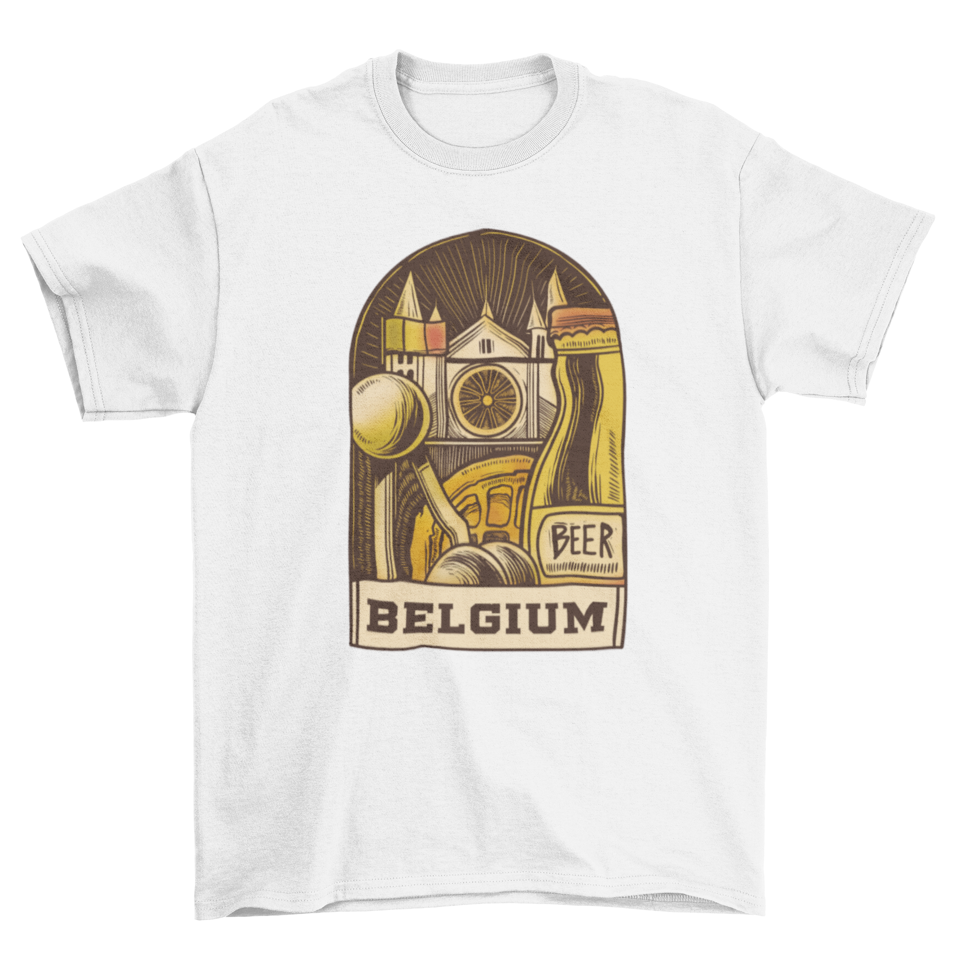 A stylish Belgium illustration t-shirt featuring iconic Belgian elements in vibrant colors.