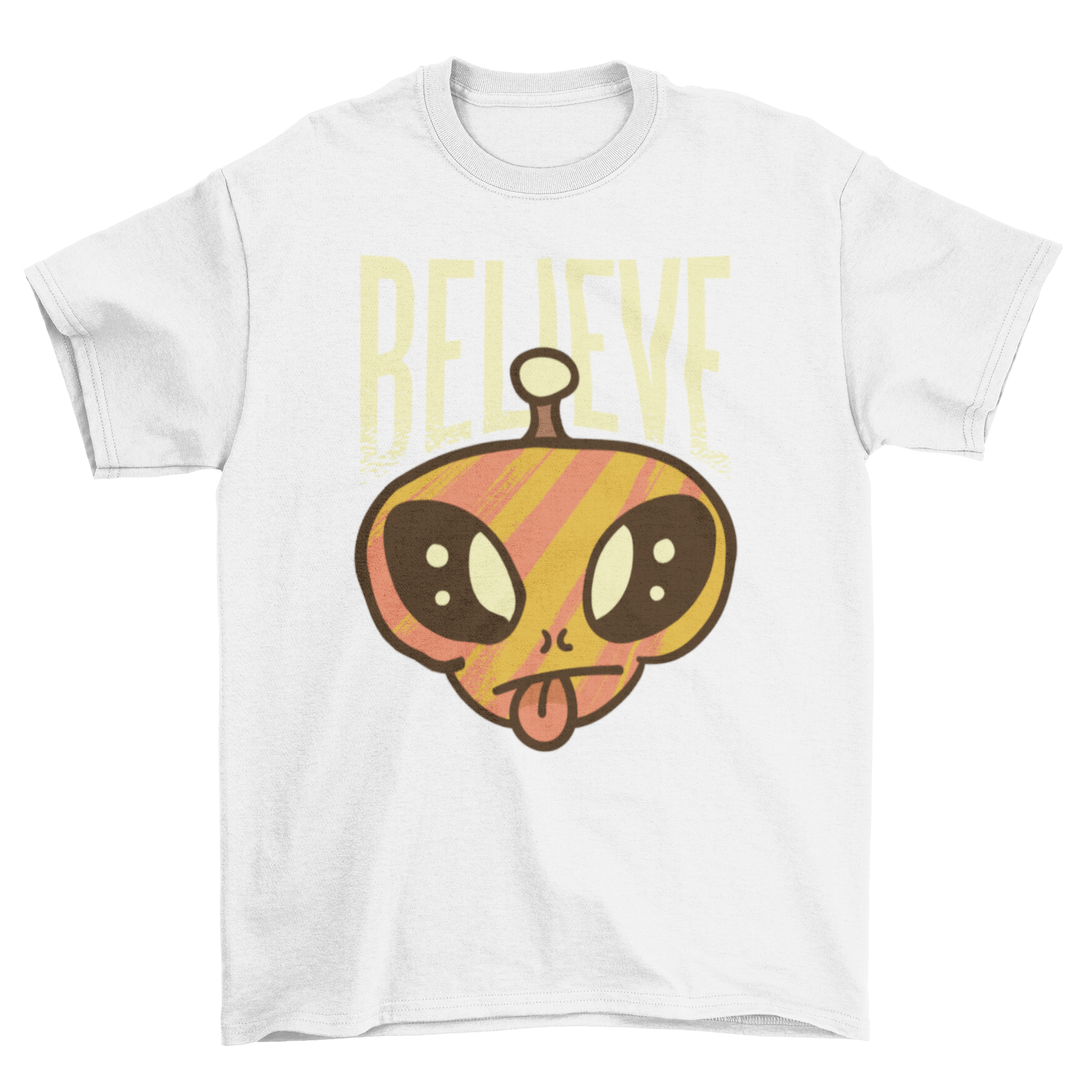 A humorous Believe alien t-shirt featuring an alien illustration with its tongue out and the word 'Believe' captioned.