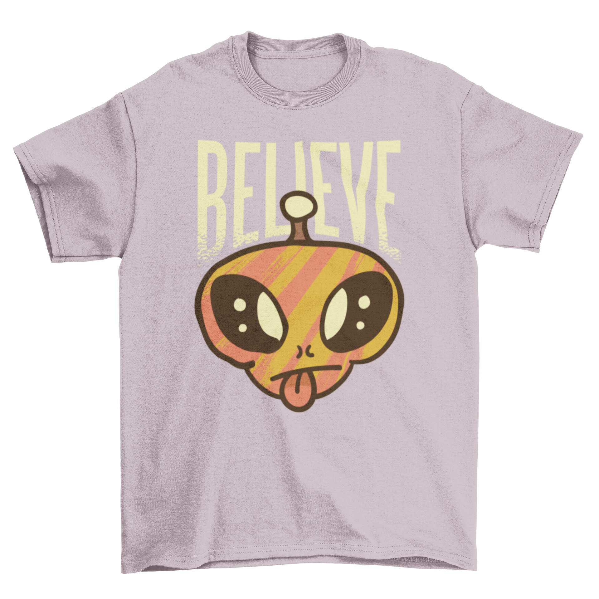 A humorous Believe alien t-shirt featuring an alien illustration with its tongue out and the word 'Believe' captioned.