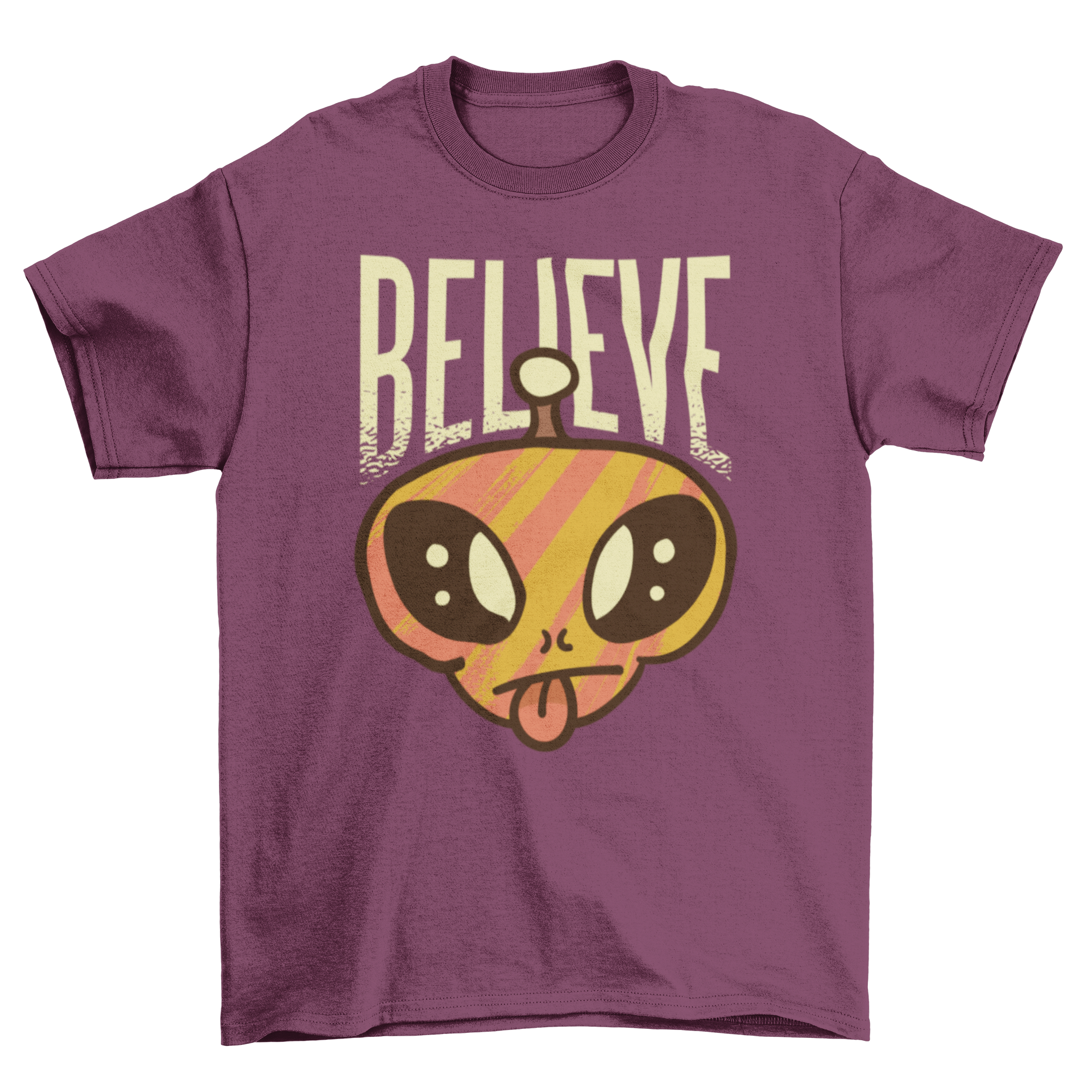 A humorous Believe alien t-shirt featuring an alien illustration with its tongue out and the word 'Believe' captioned.