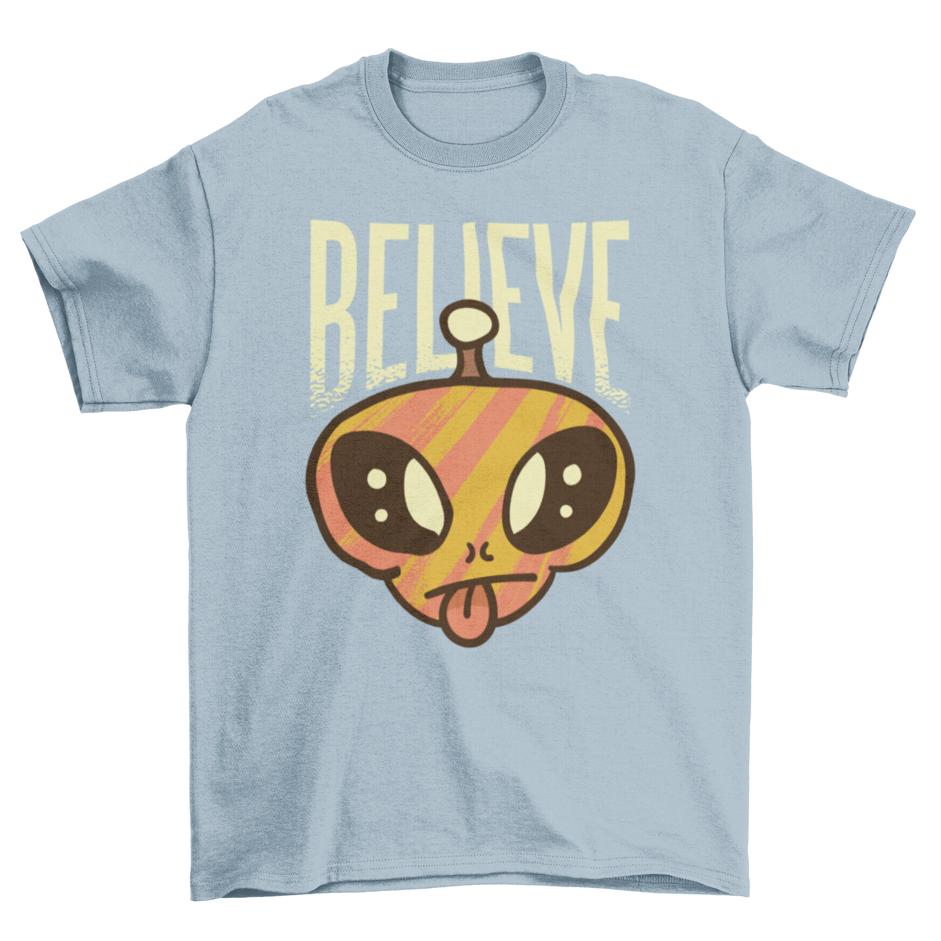 A humorous Believe alien t-shirt featuring an alien illustration with its tongue out and the word 'Believe' captioned.