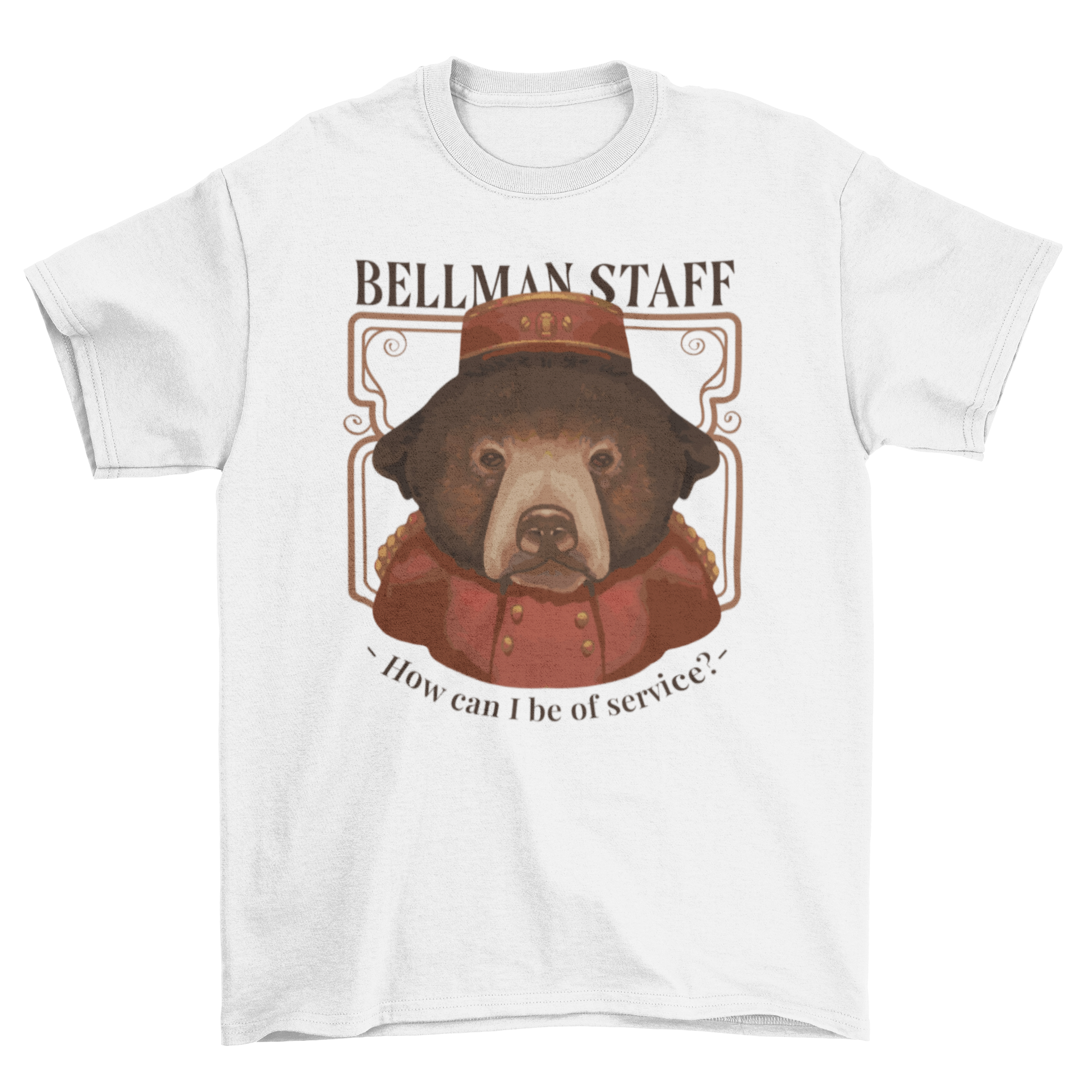 A stylish t-shirt featuring a bear design and the quote 'Bellman staff - How can I be of service?' perfect for hotel employees.