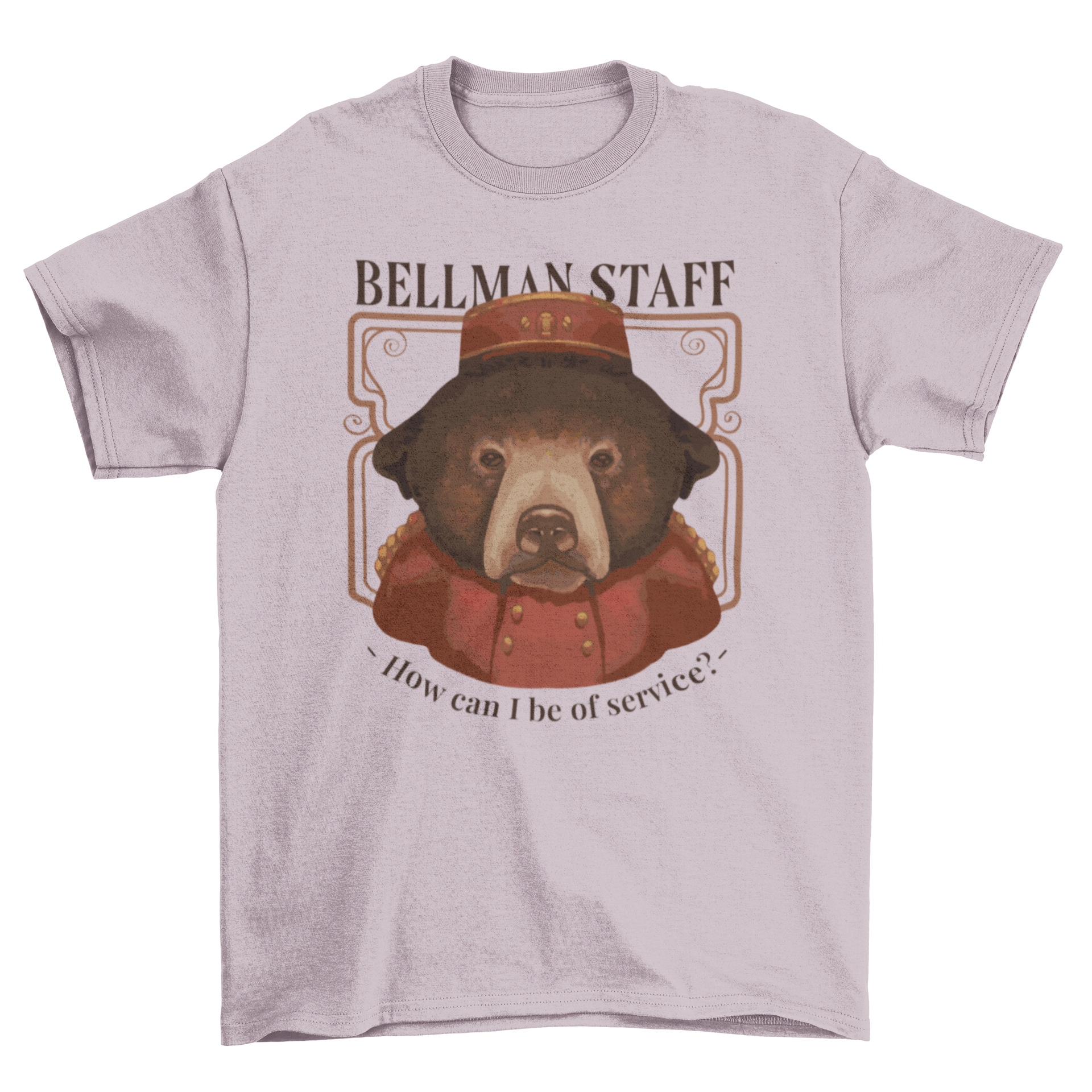 A stylish t-shirt featuring a bear design and the quote 'Bellman staff - How can I be of service?' perfect for hotel employees.