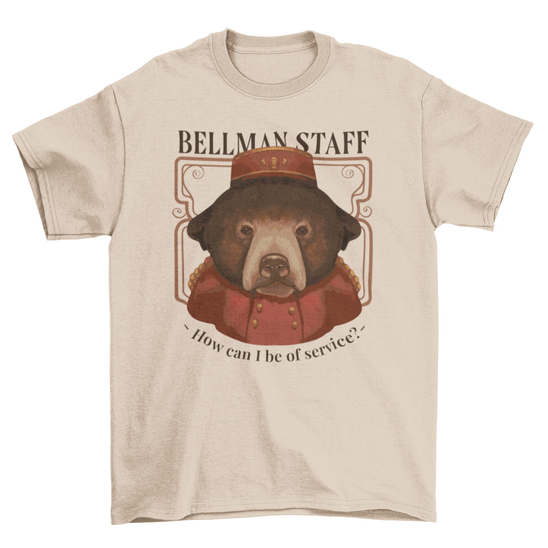 A stylish t-shirt featuring a bear design and the quote 'Bellman staff - How can I be of service?' perfect for hotel employees.