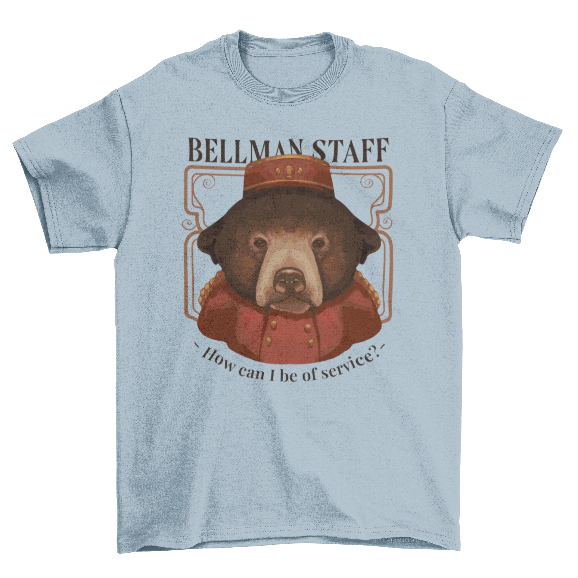 A stylish t-shirt featuring a bear design and the quote 'Bellman staff - How can I be of service?' perfect for hotel employees.