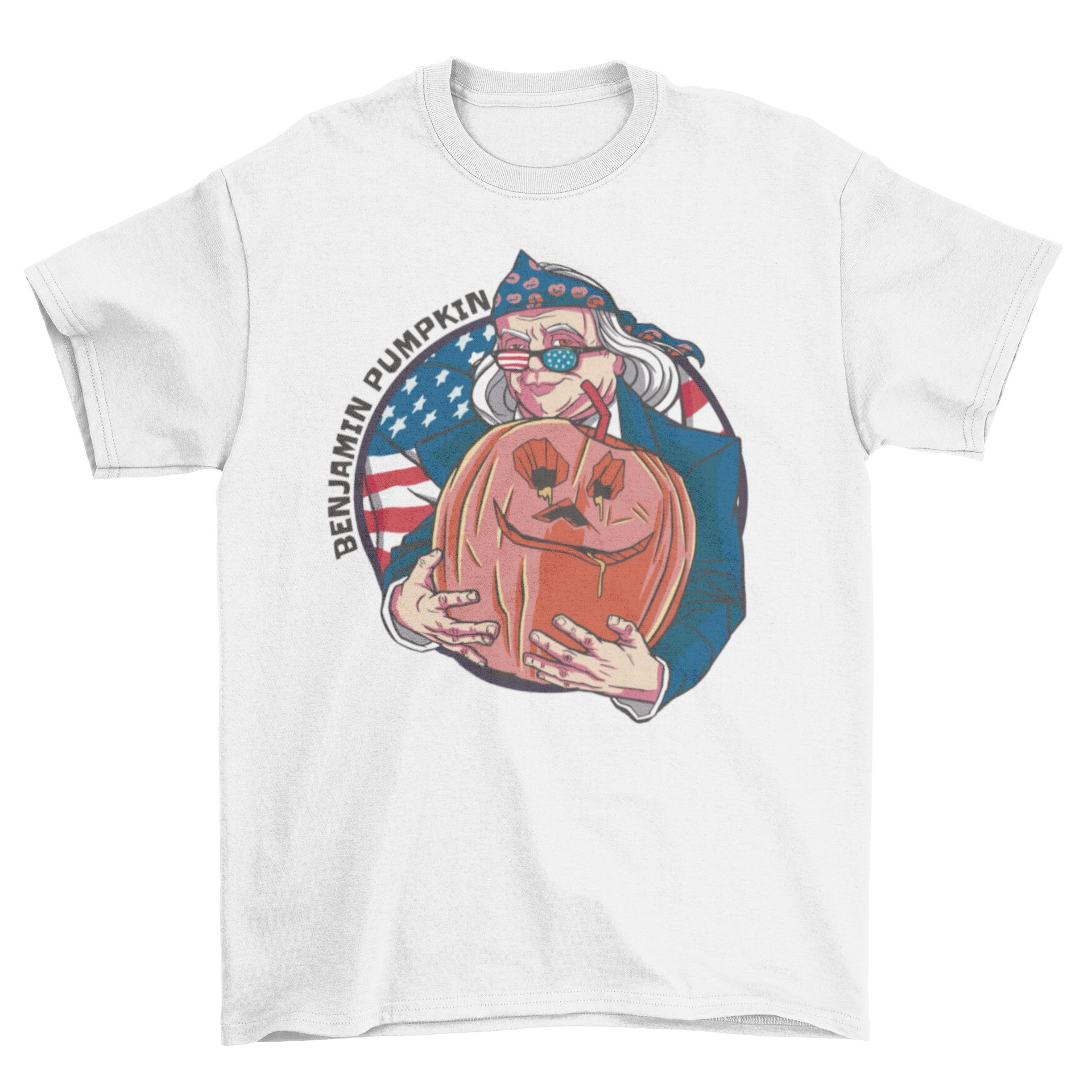 A humorous t-shirt featuring Benjamin Franklin with a Halloween pumpkin illustration, perfect for festive occasions.