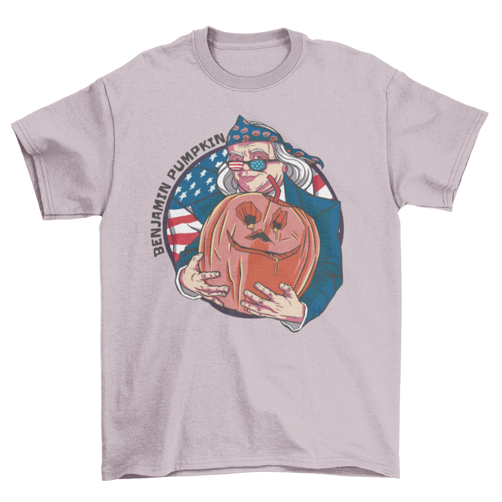 A humorous t-shirt featuring Benjamin Franklin with a Halloween pumpkin illustration, perfect for festive occasions.