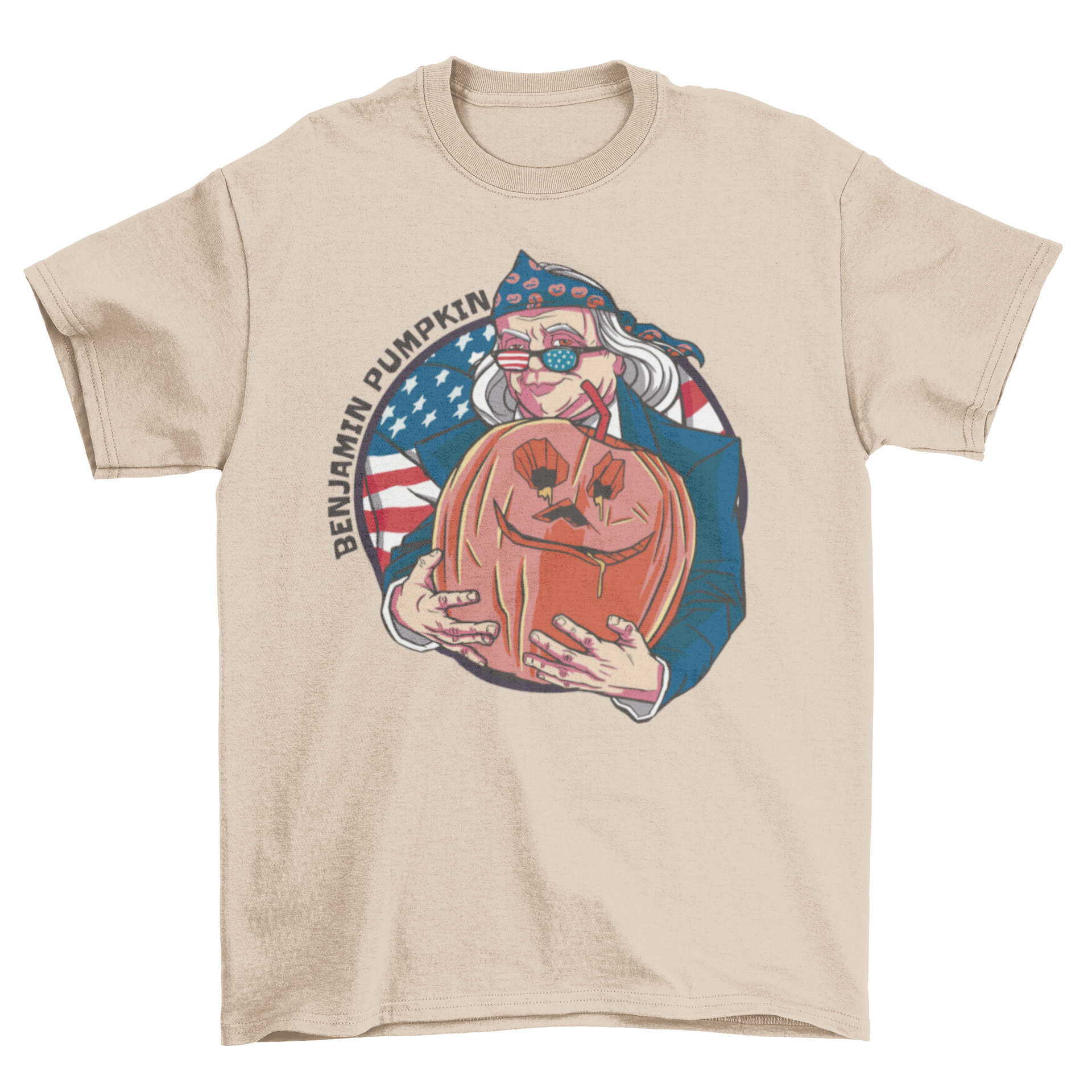 A humorous t-shirt featuring Benjamin Franklin with a Halloween pumpkin illustration, perfect for festive occasions.