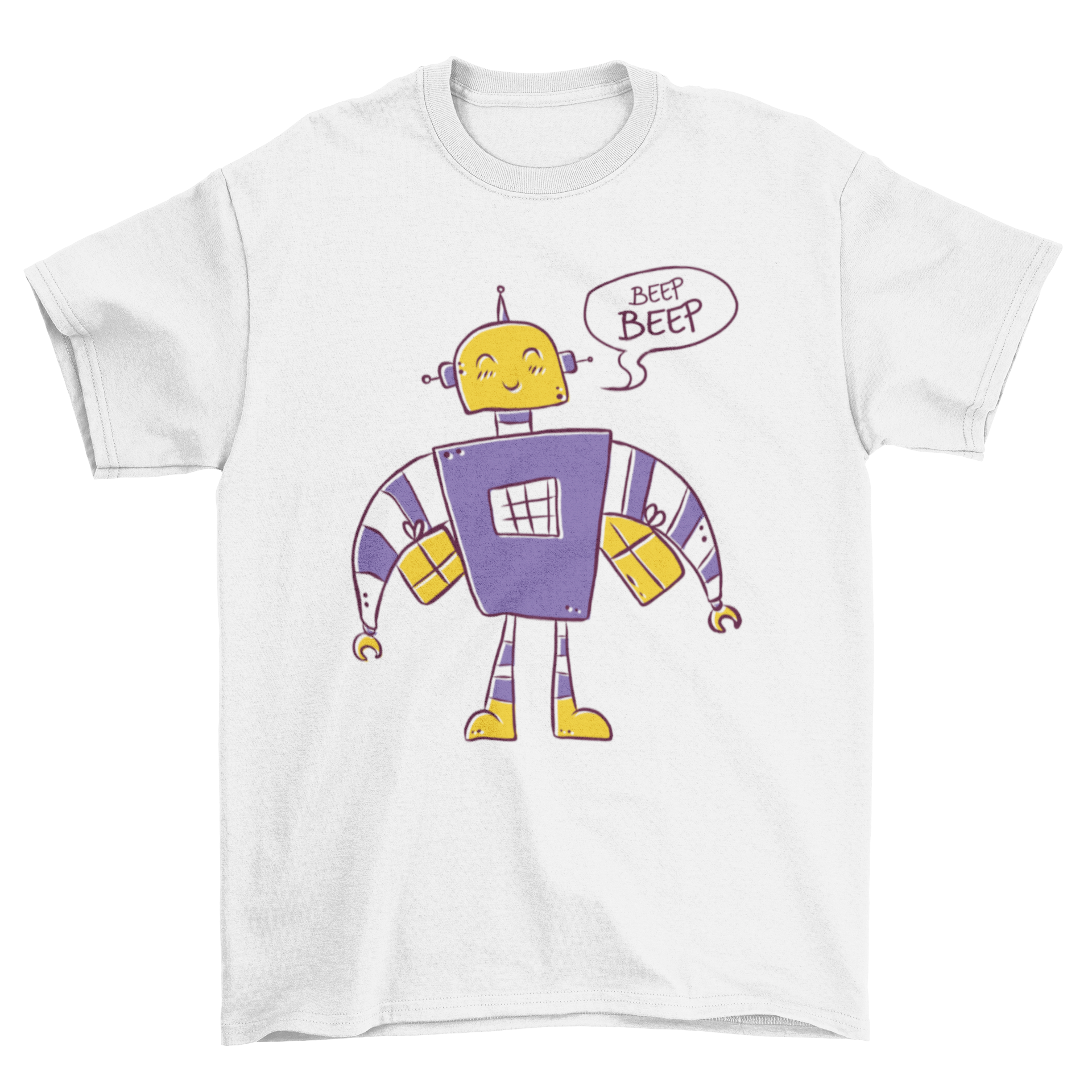 Colorful Beep beep robot t-shirt design featuring a smiling robot and a speech bubble.