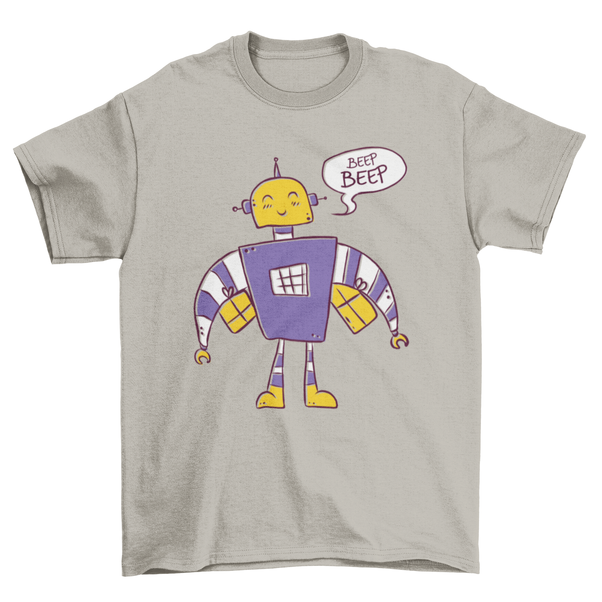 Colorful Beep beep robot t-shirt design featuring a smiling robot and a speech bubble.