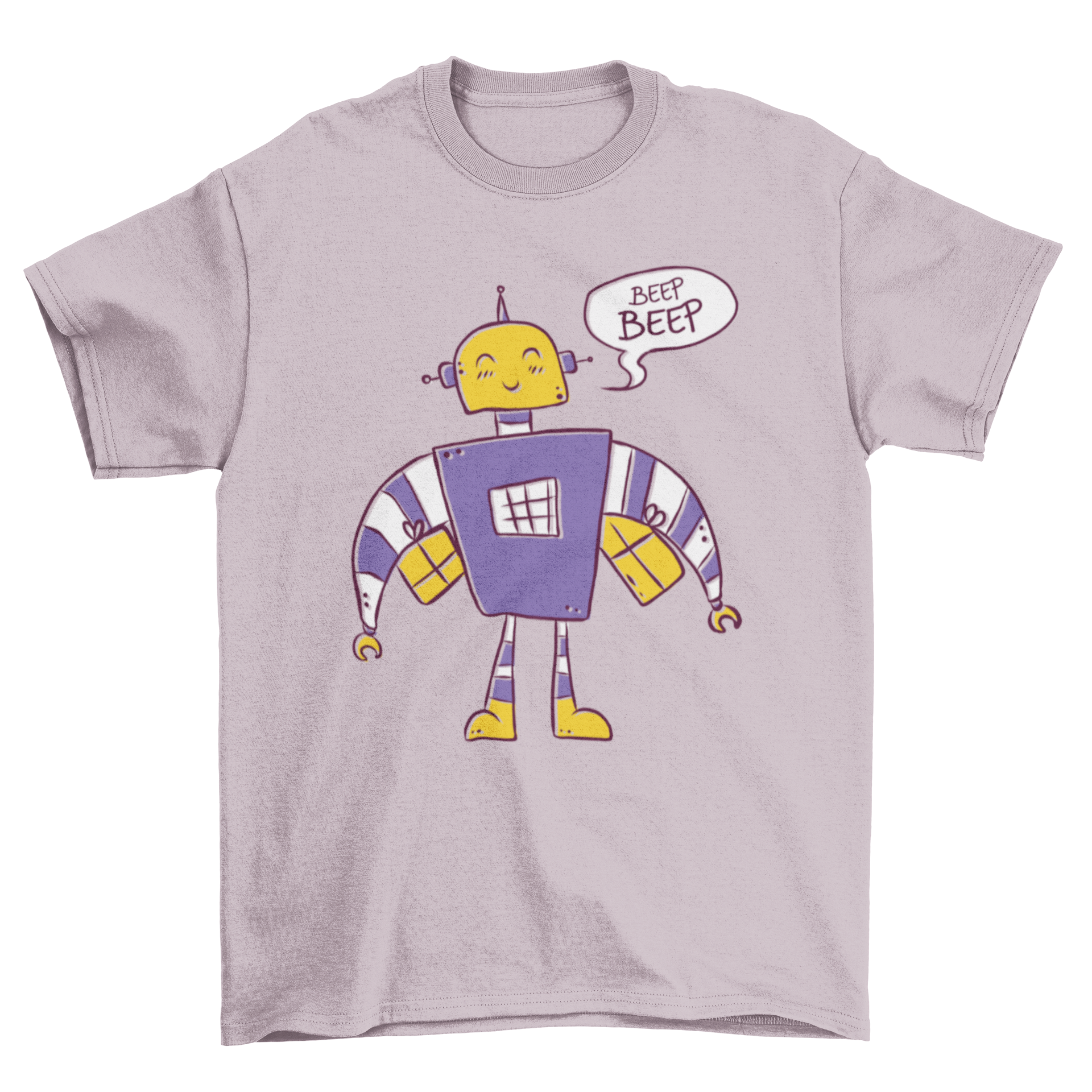 Colorful Beep beep robot t-shirt design featuring a smiling robot and a speech bubble.