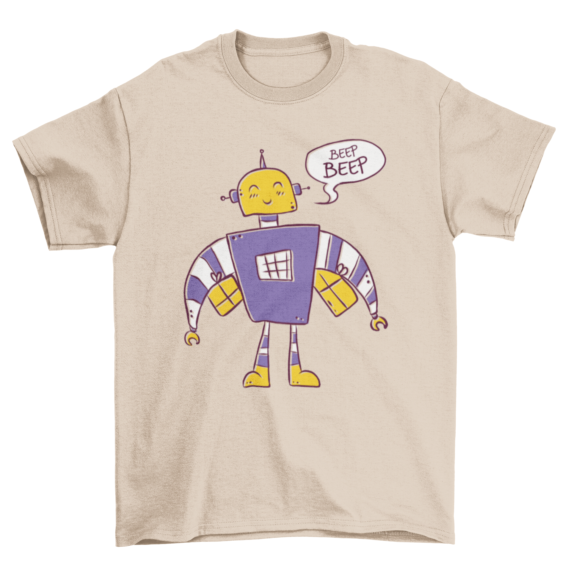 Colorful Beep beep robot t-shirt design featuring a smiling robot and a speech bubble.