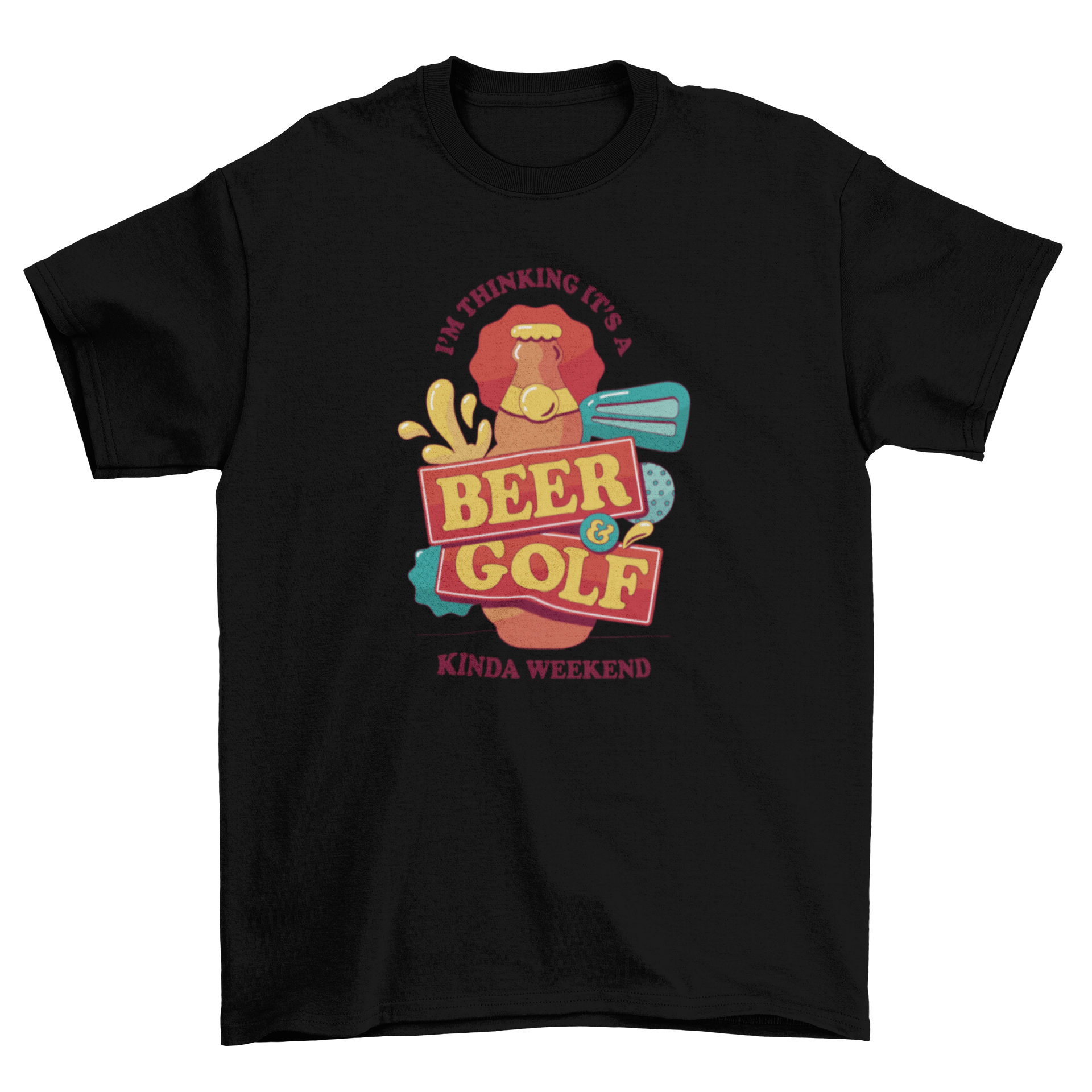 Beer and golf themed t-shirt featuring a beer bottle and golf equipment with a humorous quote.